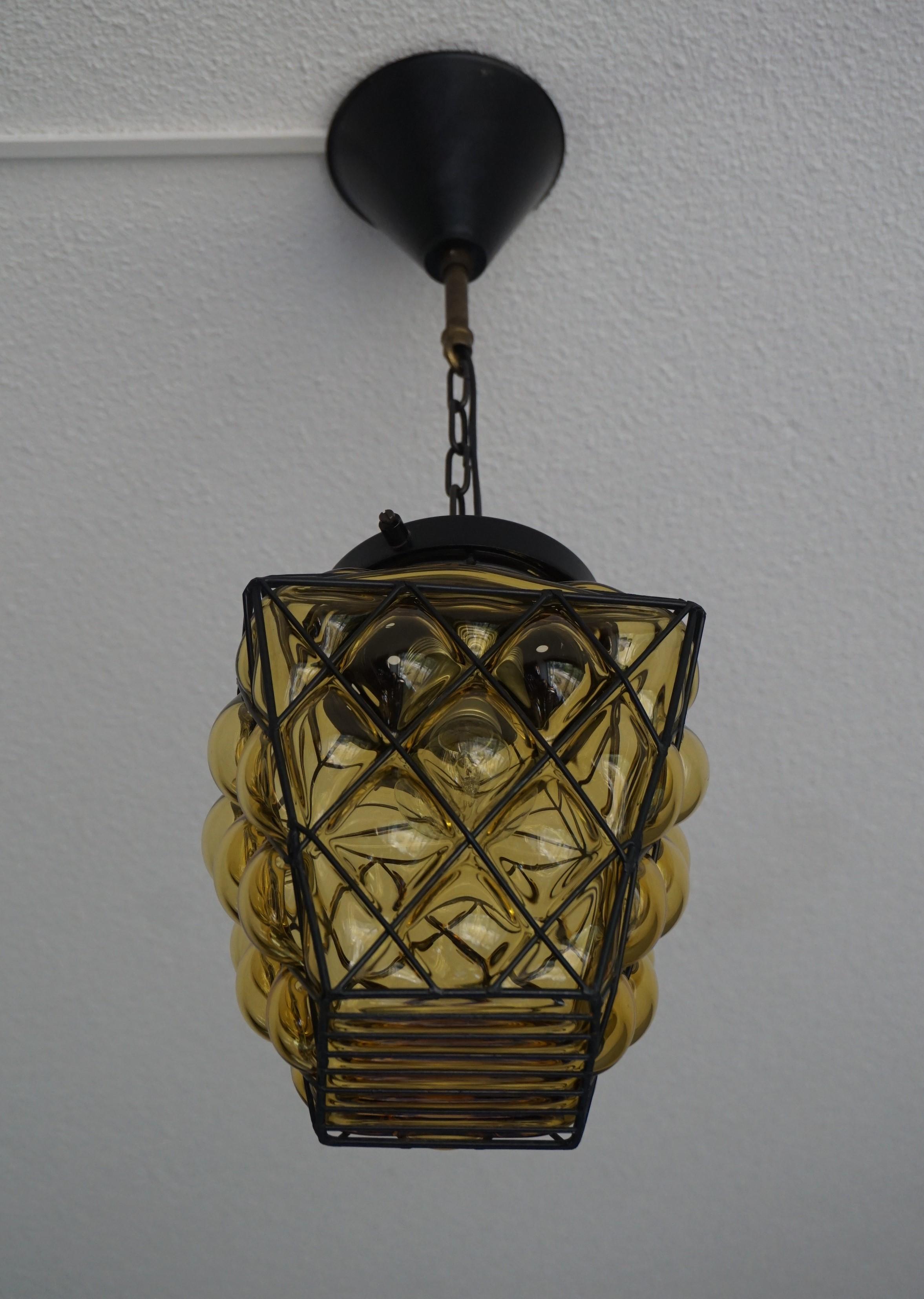 Small Mid-Century Modern Italian Mouthblown Amber Glass into Metal Frame Pendant For Sale 5