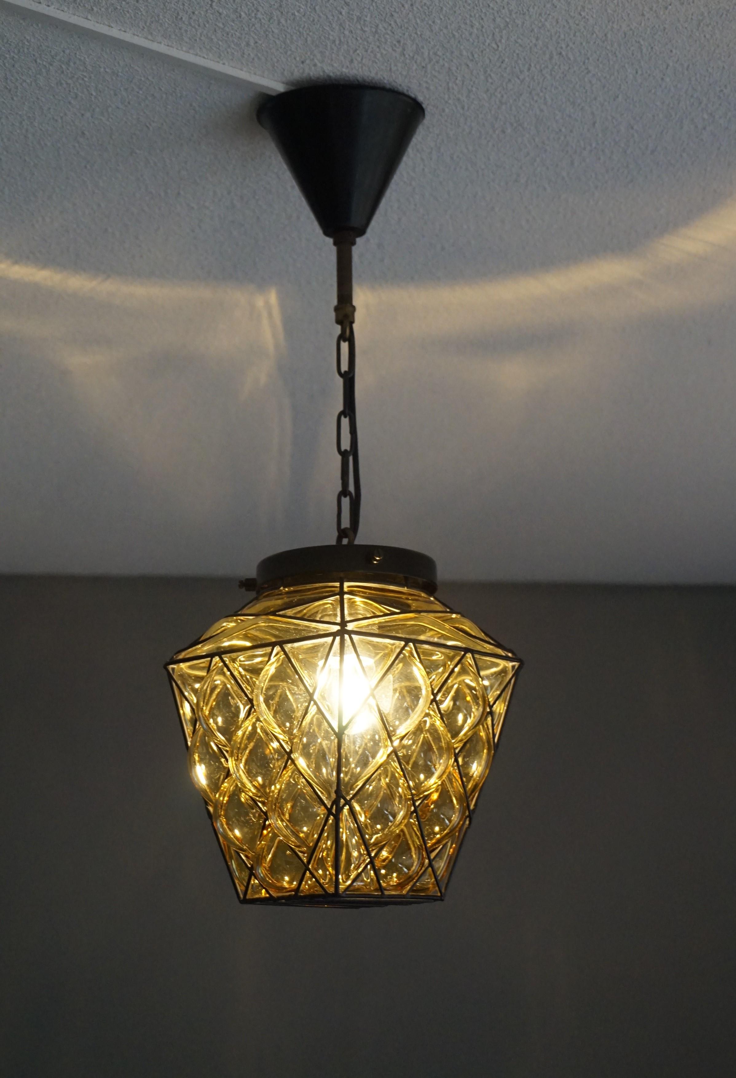 Small Mid-Century Modern Italian Mouthblown Amber Glass into Metal Frame Pendant For Sale 6