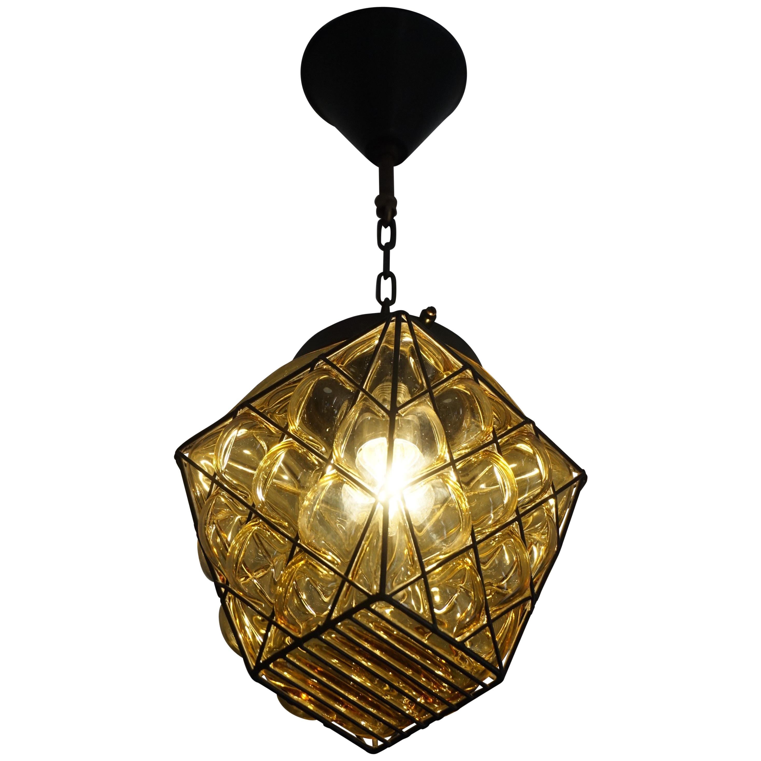 Small Mid-Century Modern Italian Mouthblown Amber Glass into Metal Frame Pendant For Sale