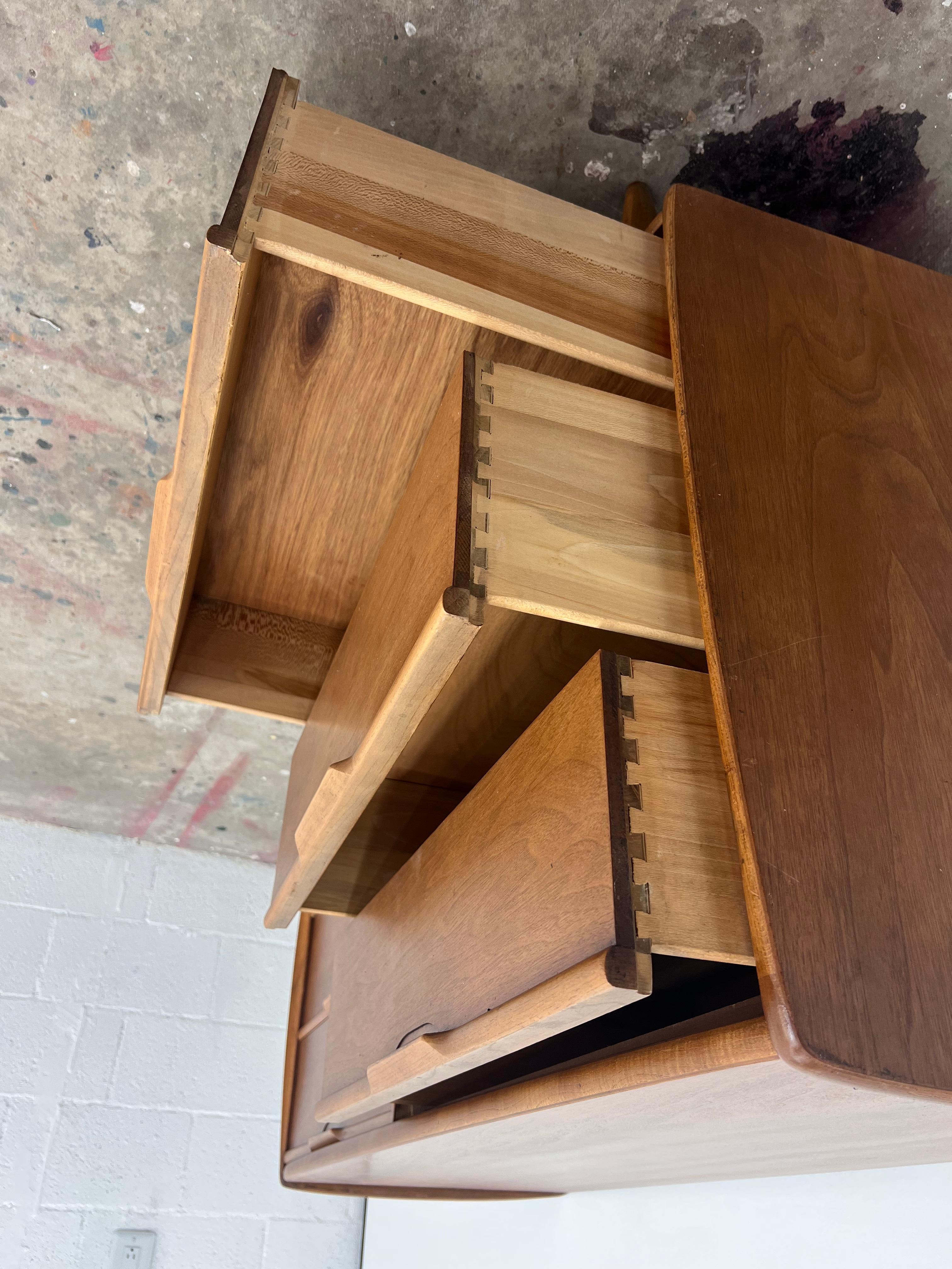 Carved small Mid-Century modern Kent Coffey  “The Cadence” line walnut lowboy Dresser w For Sale