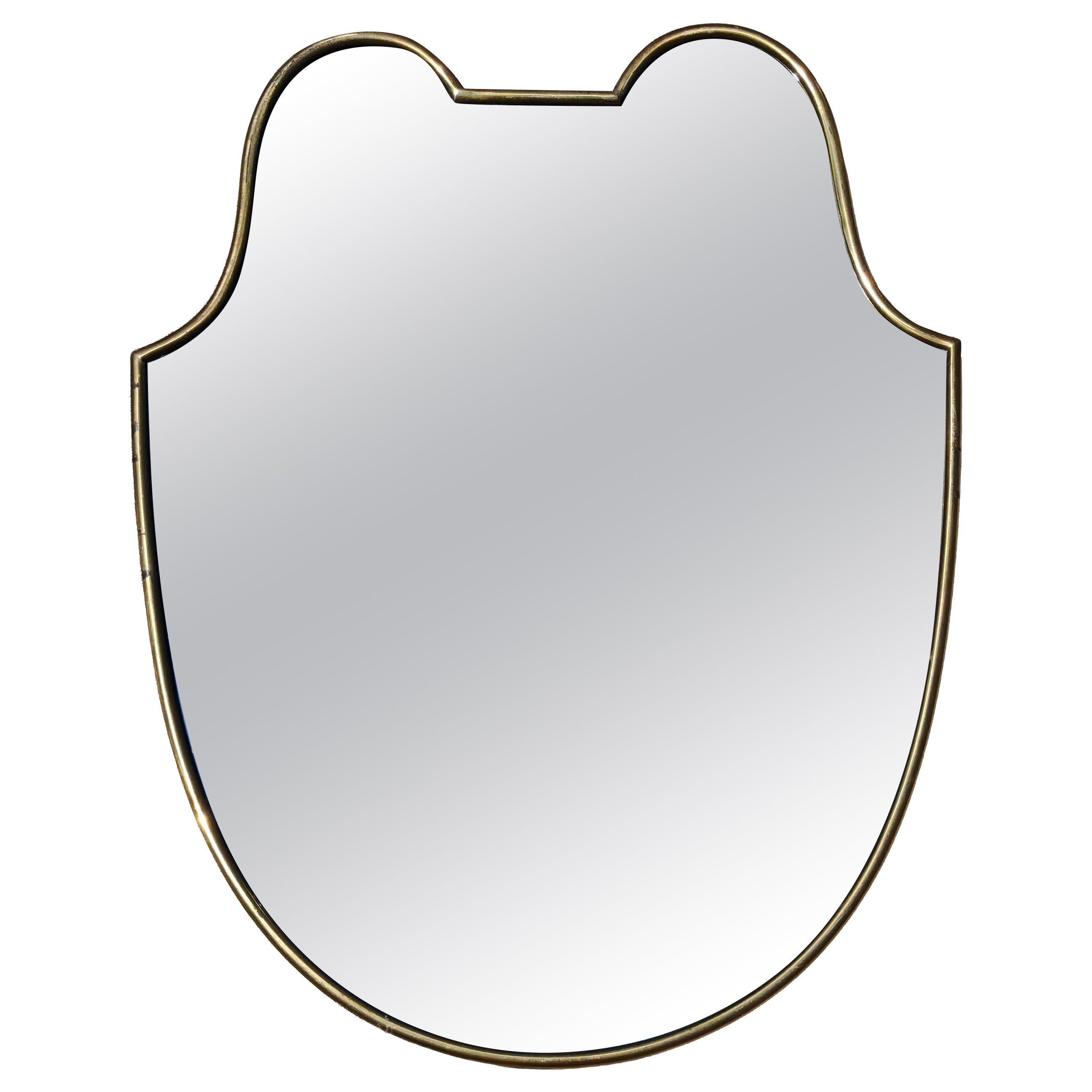 Small Mid Century Modern Shield-shaped Mirror in Brass frame, Italy 1950s For Sale