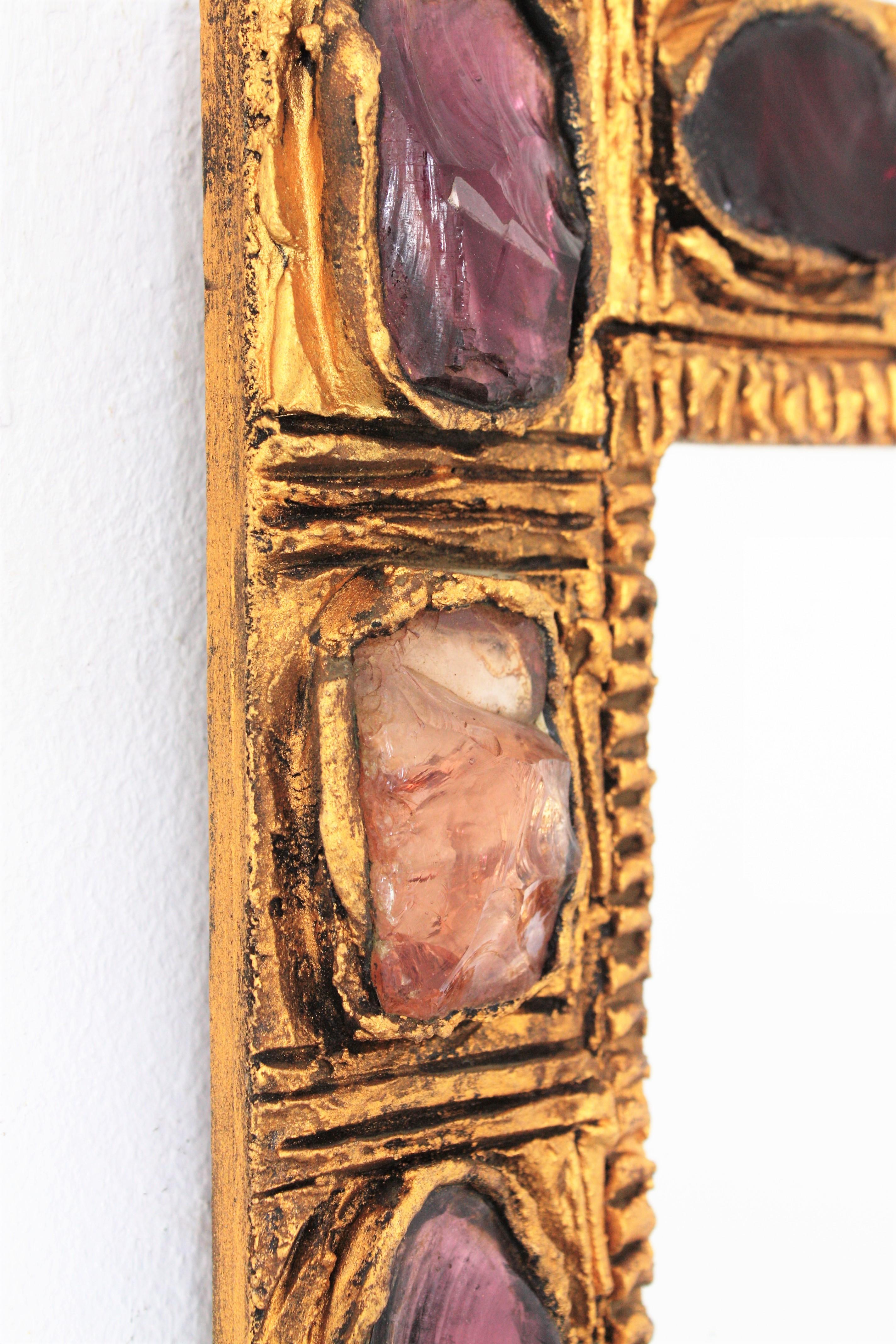 Small Mid-Century Modern Stucco Mirror with Pink, Red and Purple Rock Crystals 5