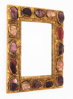 Small Mid-Century Modern Stucco Mirror with Pink, Red and Purple Rock Crystals