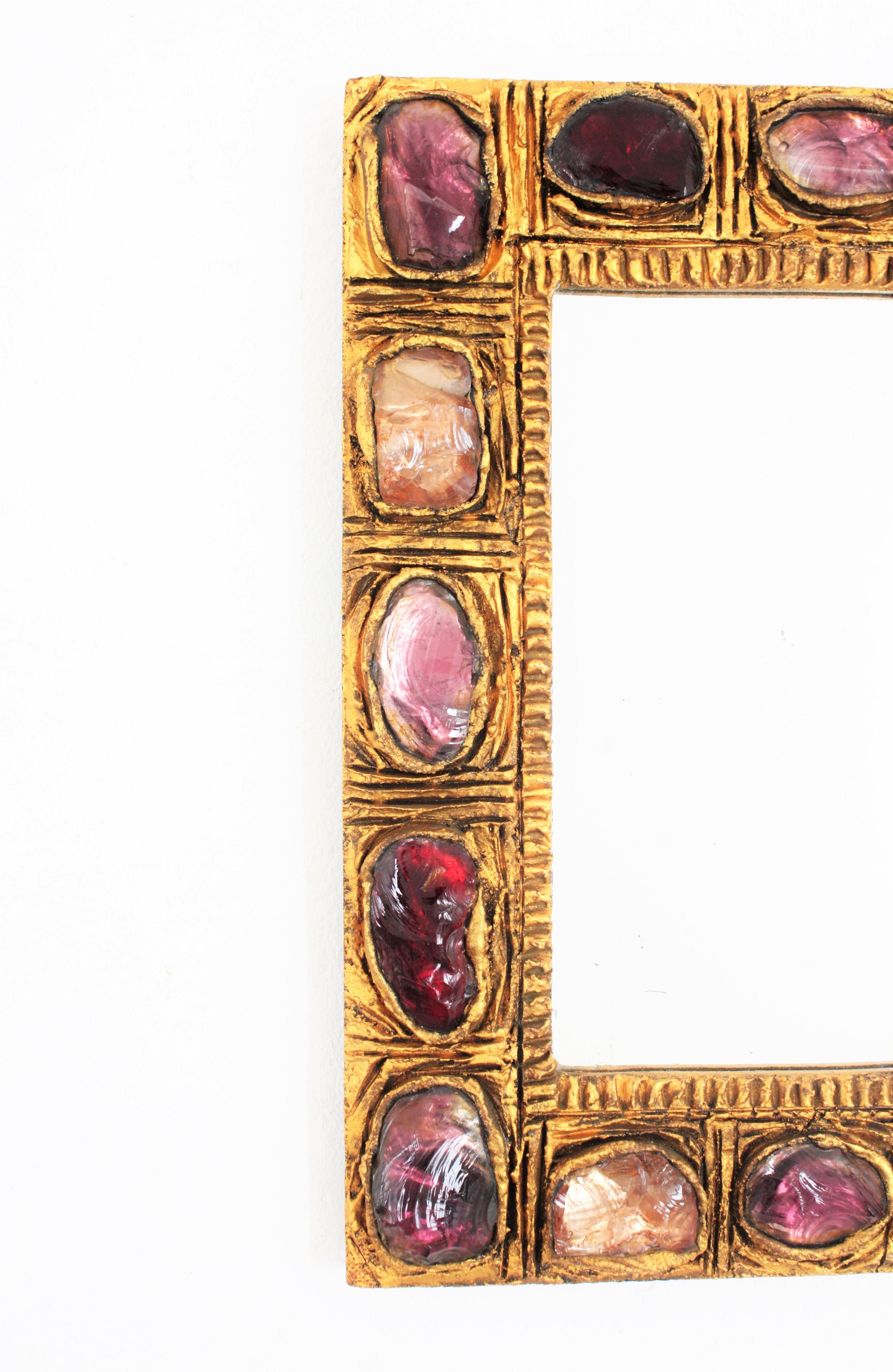 Mid-20th Century Small Mid-Century Modern Stucco Mirror with Pink, Red and Purple Rock Crystals