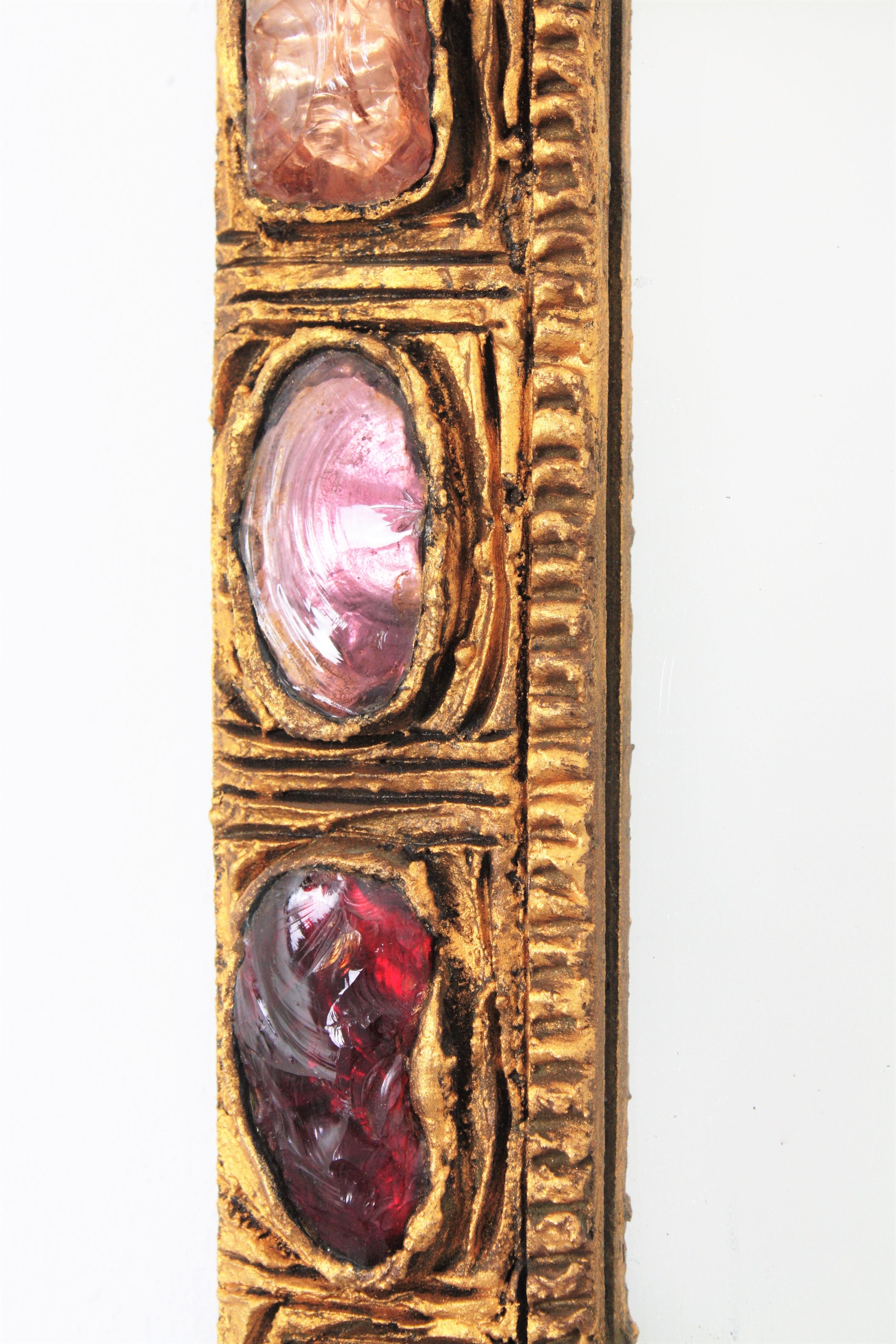 Small Mid-Century Modern Stucco Mirror with Pink, Red and Purple Rock Crystals 3