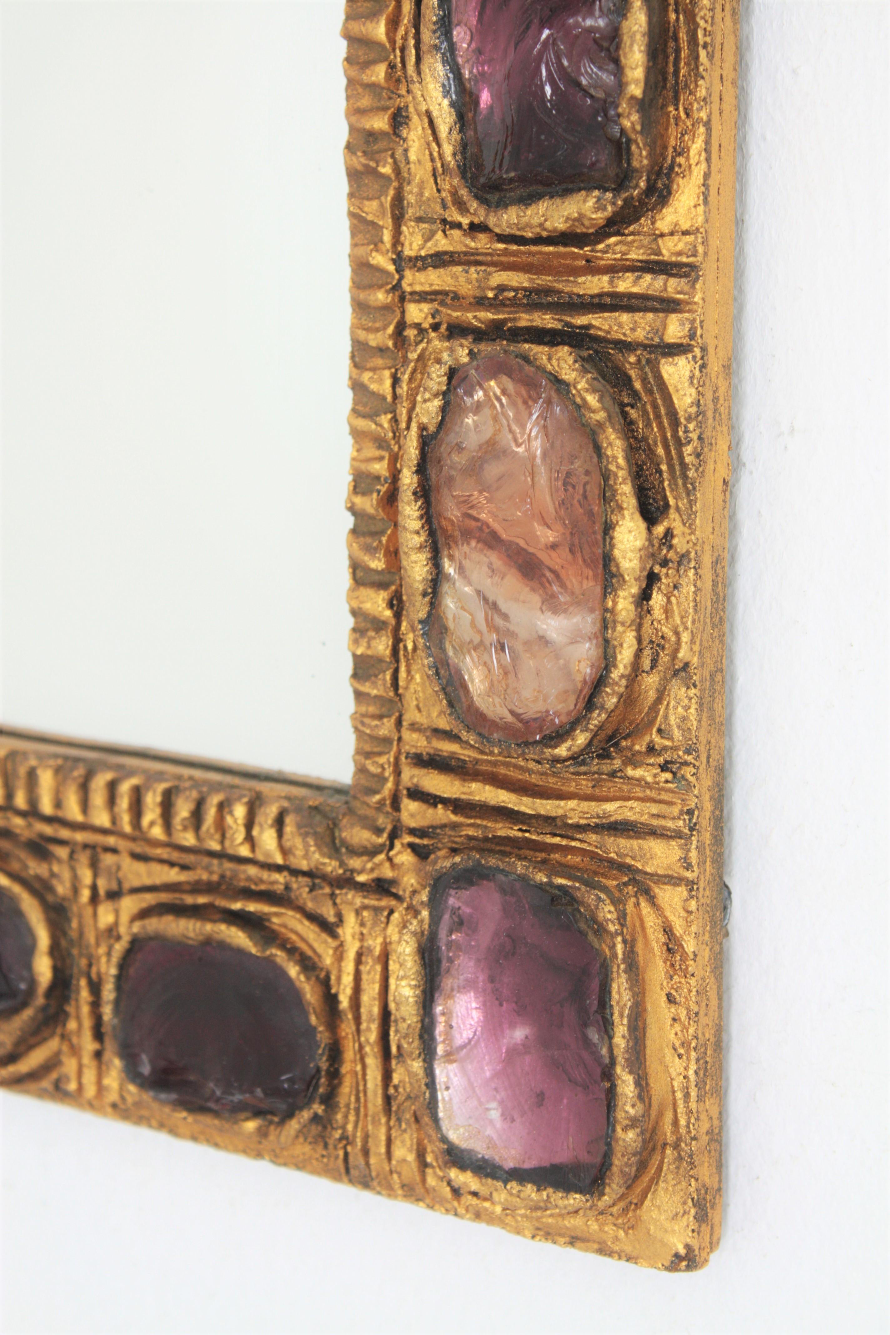 Small Mid-Century Modern Stucco Mirror with Pink, Red and Purple Rock Crystals 4