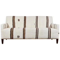 Small Mid Century Sofa, Custom Upholstered in Hand Woven Hemp Rugs from Turkey