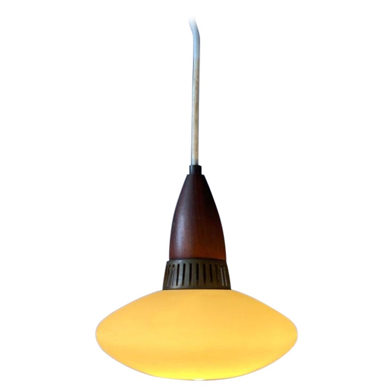 Small Mid Century Teak Wood Opaline Glass Hanging Lamp, 1970s