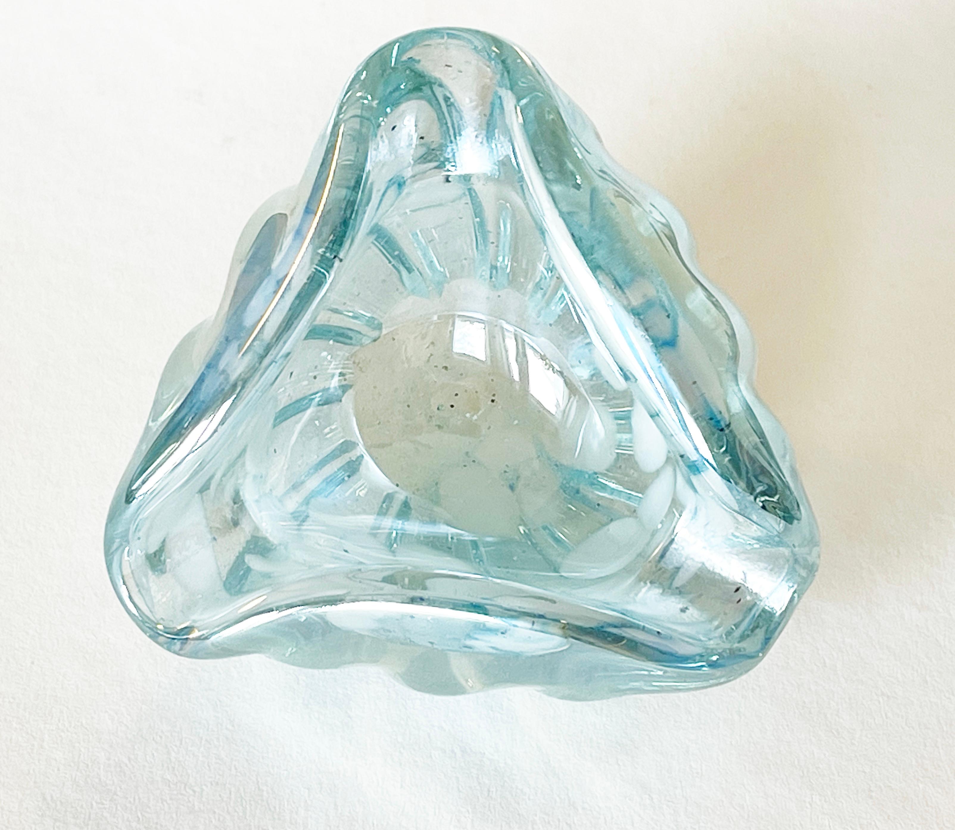 Hand-Crafted Small Mid-Century Triangle Murano Glass Ashtray Light blue & White, 1960s, Italy