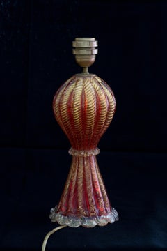 Small Midcentury Italian Red and Gold Table Lamp with Murano Glass by AVEM