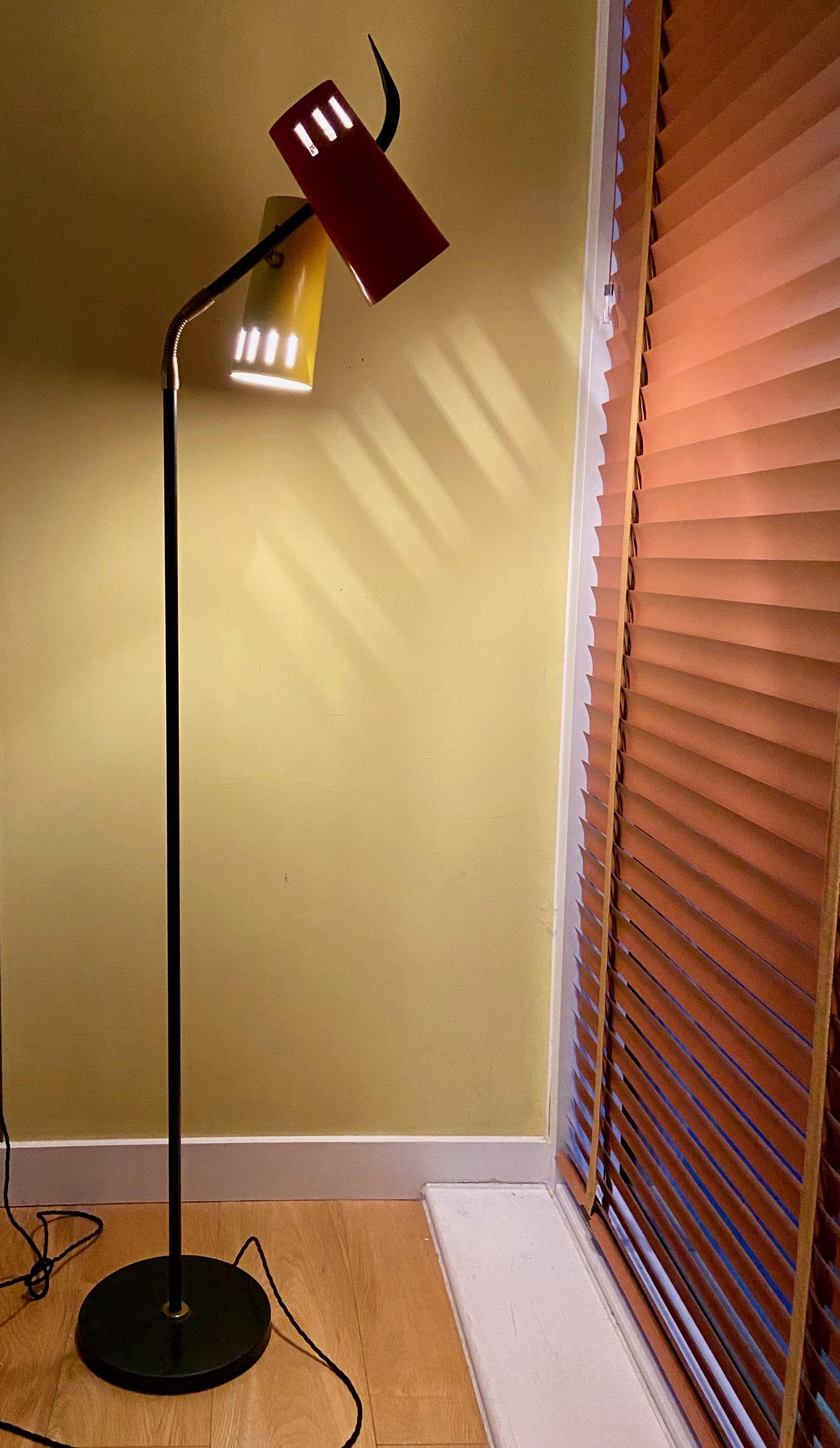 Mid-Century Italian Stilux floor reading lamp, red and yellow flexible shades For Sale 5