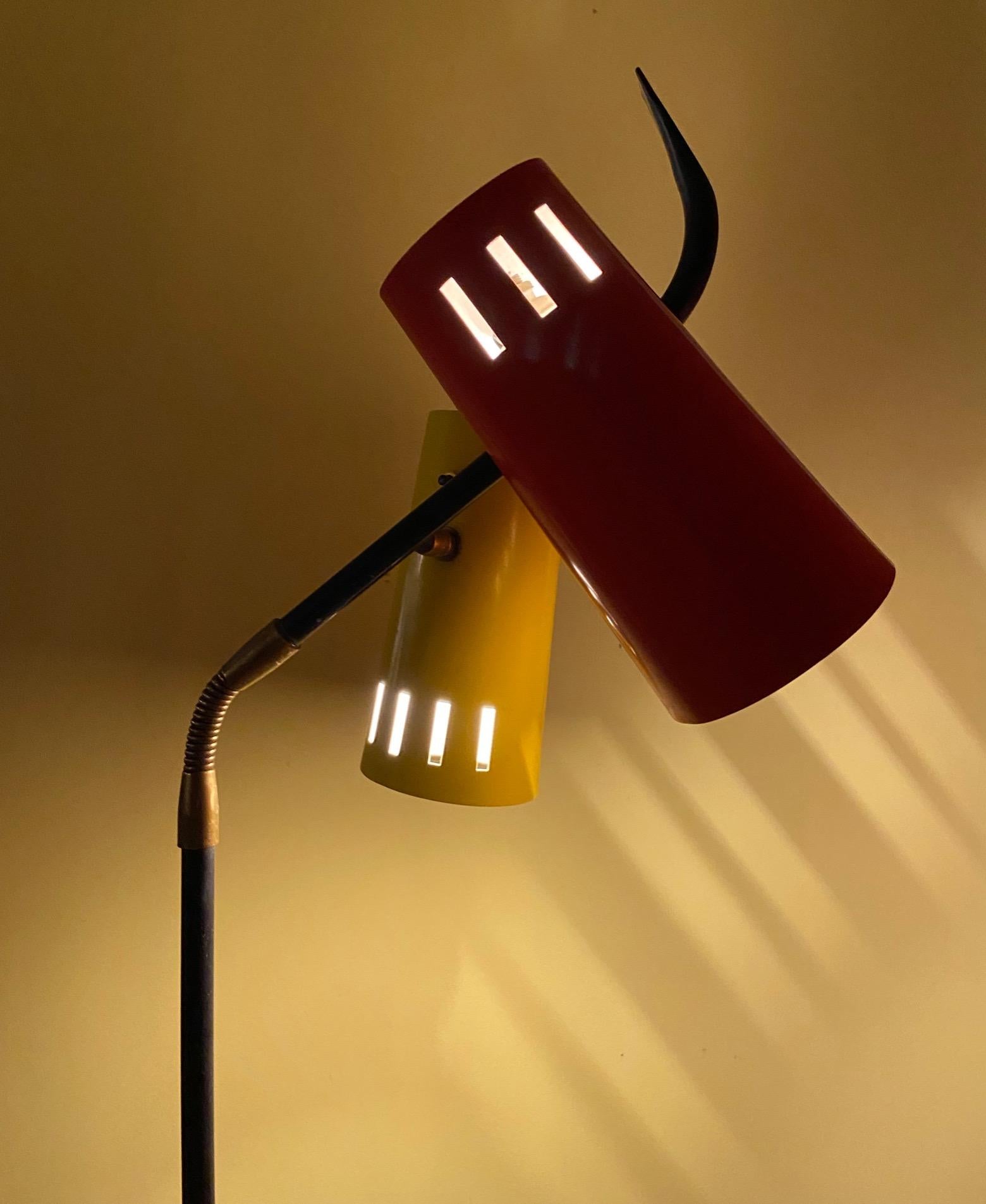 Mid-Century Italian Stilux floor reading lamp, red and yellow flexible shades For Sale 7
