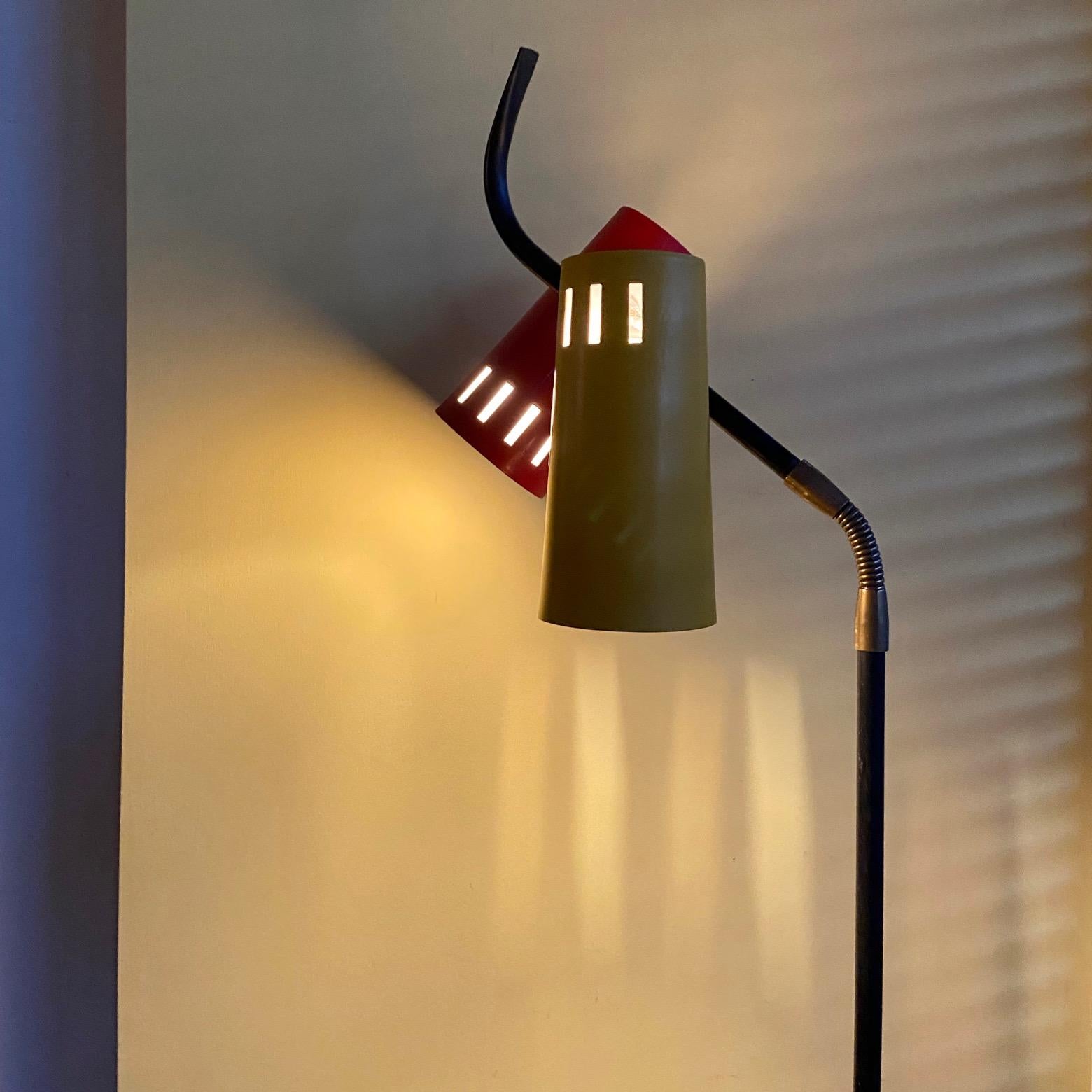Metal Mid-Century Italian Stilux floor reading lamp, red and yellow flexible shades For Sale