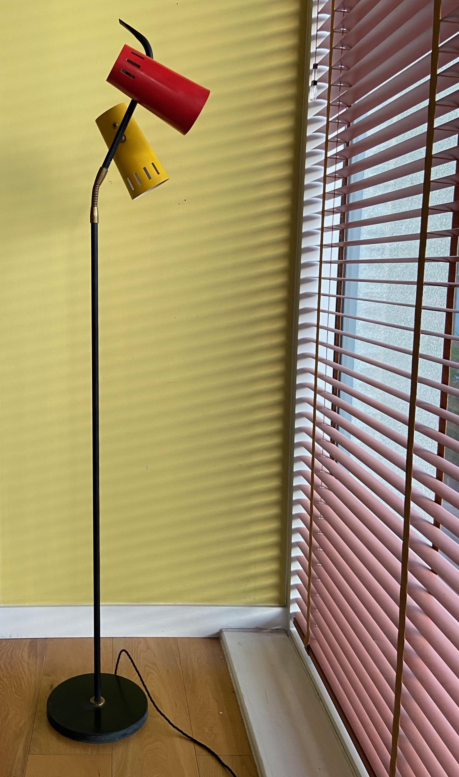 Mid-Century Italian Stilux floor reading lamp, red and yellow flexible shades For Sale 2