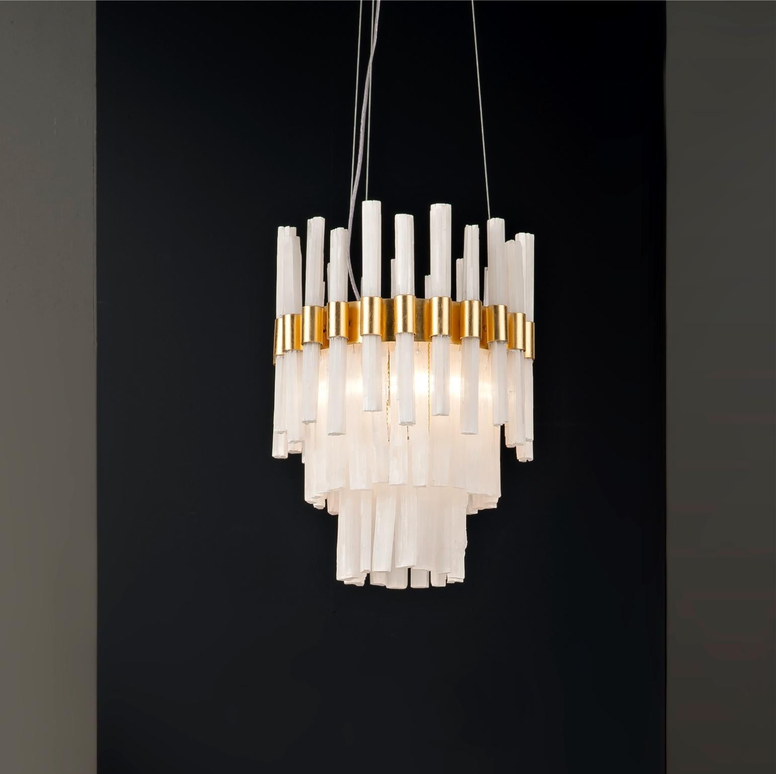 Small selenite chandelier lamp by Aver 
Dimensions: D 35 x H 45 cm 
Materials: Aluminum plated with gold leaf. Natural Selenite. 
Lighting: 03 x G9
Finish: Silver veneer, aged silver veneer, gold veneer, aged gold veneer, copper veneer, aged copper