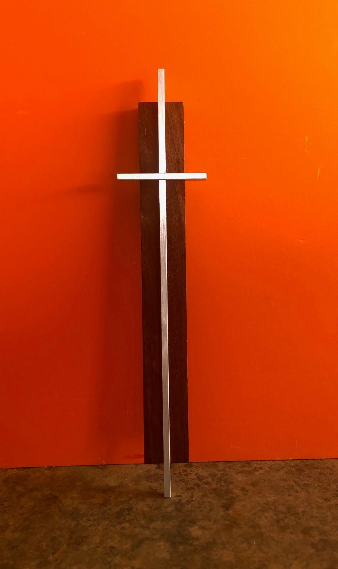 Mid-Century Modern Small Minimalist Walnut and Aluminum Crucifix / Cross For Sale