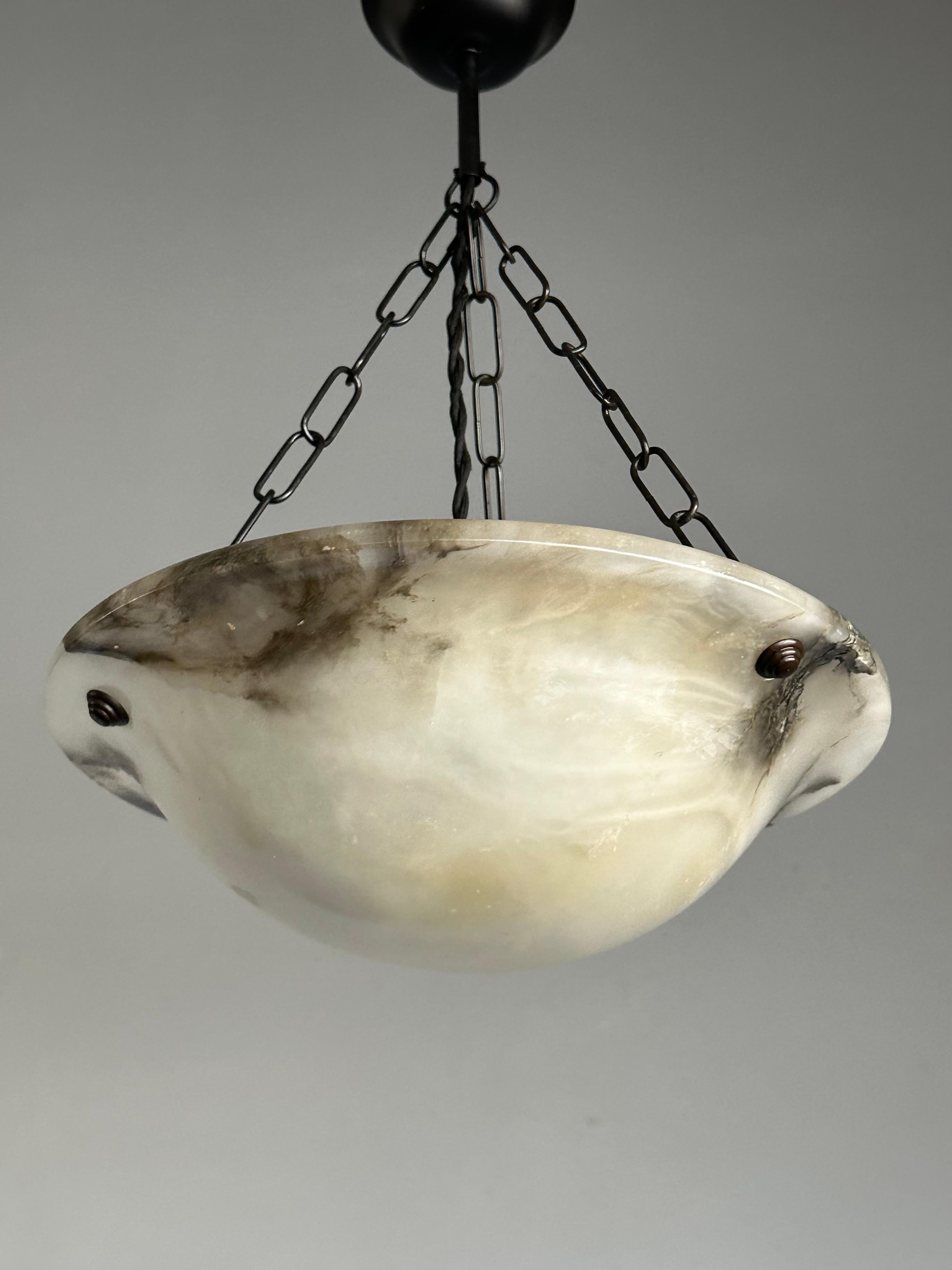 Small Mint & Timeless Art Deco White Alabaster Pendant Chandelier & Brass Canopy For Sale 6