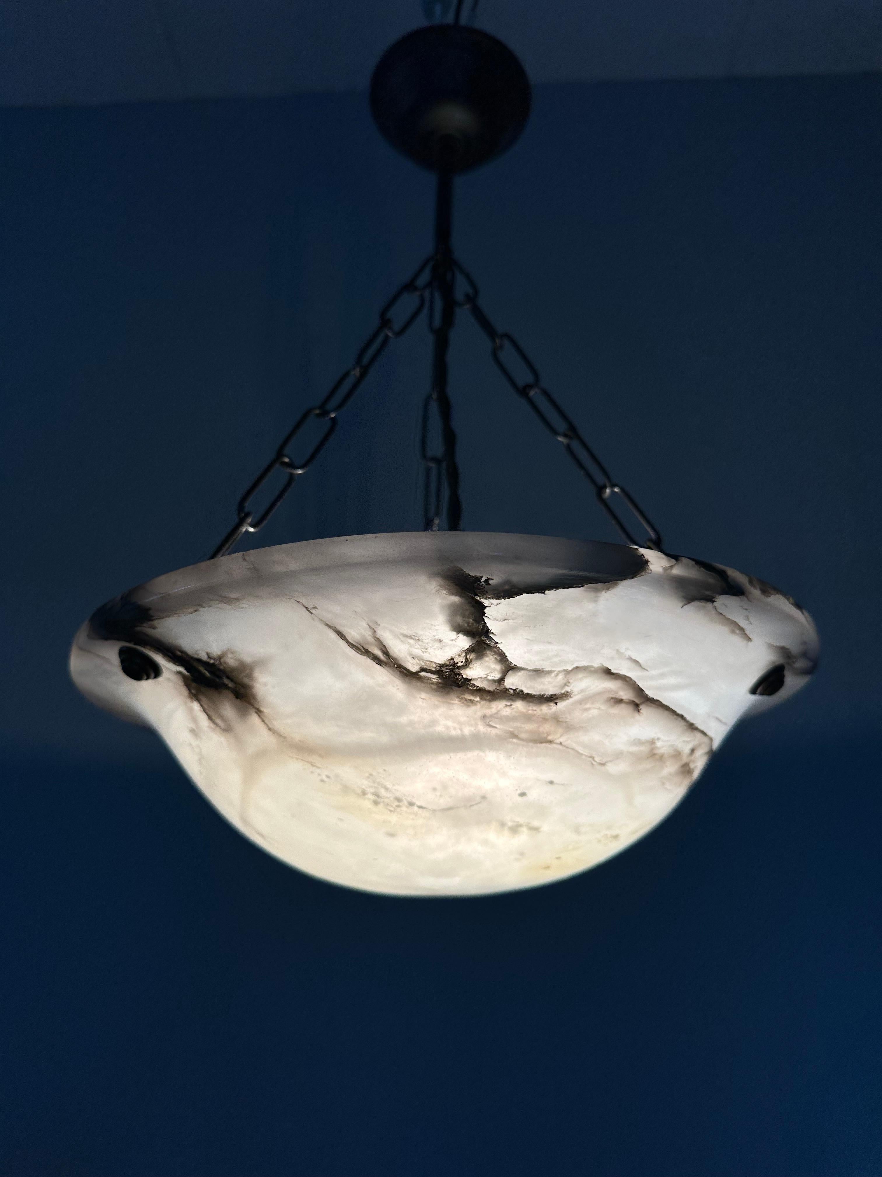 Small Mint & Timeless Art Deco White Alabaster Pendant Chandelier & Brass Canopy For Sale 7