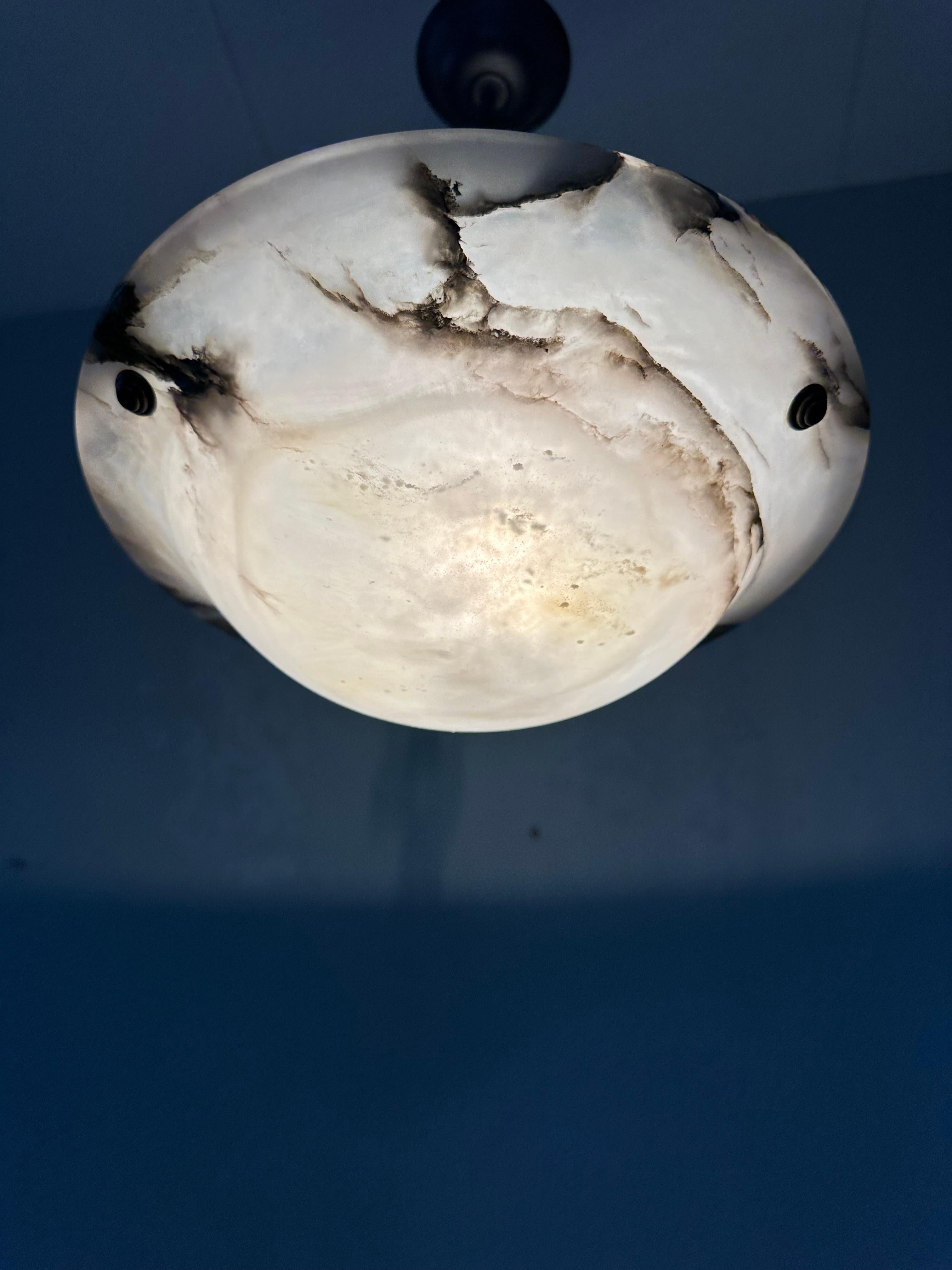 Small Mint & Timeless Art Deco White Alabaster Pendant Chandelier & Brass Canopy For Sale 9