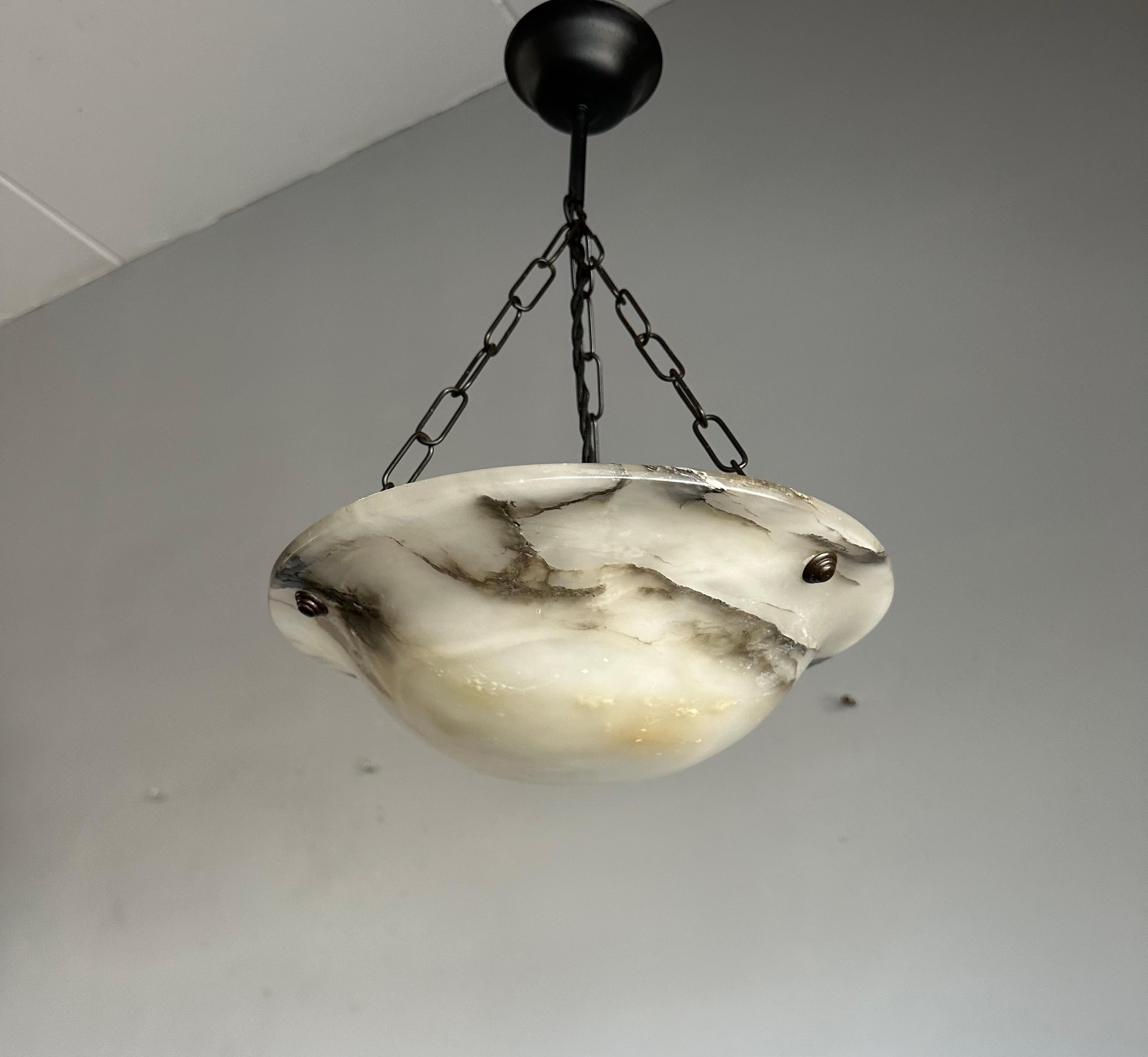 Small Mint & Timeless Art Deco White Alabaster Pendant Chandelier & Brass Canopy For Sale 11