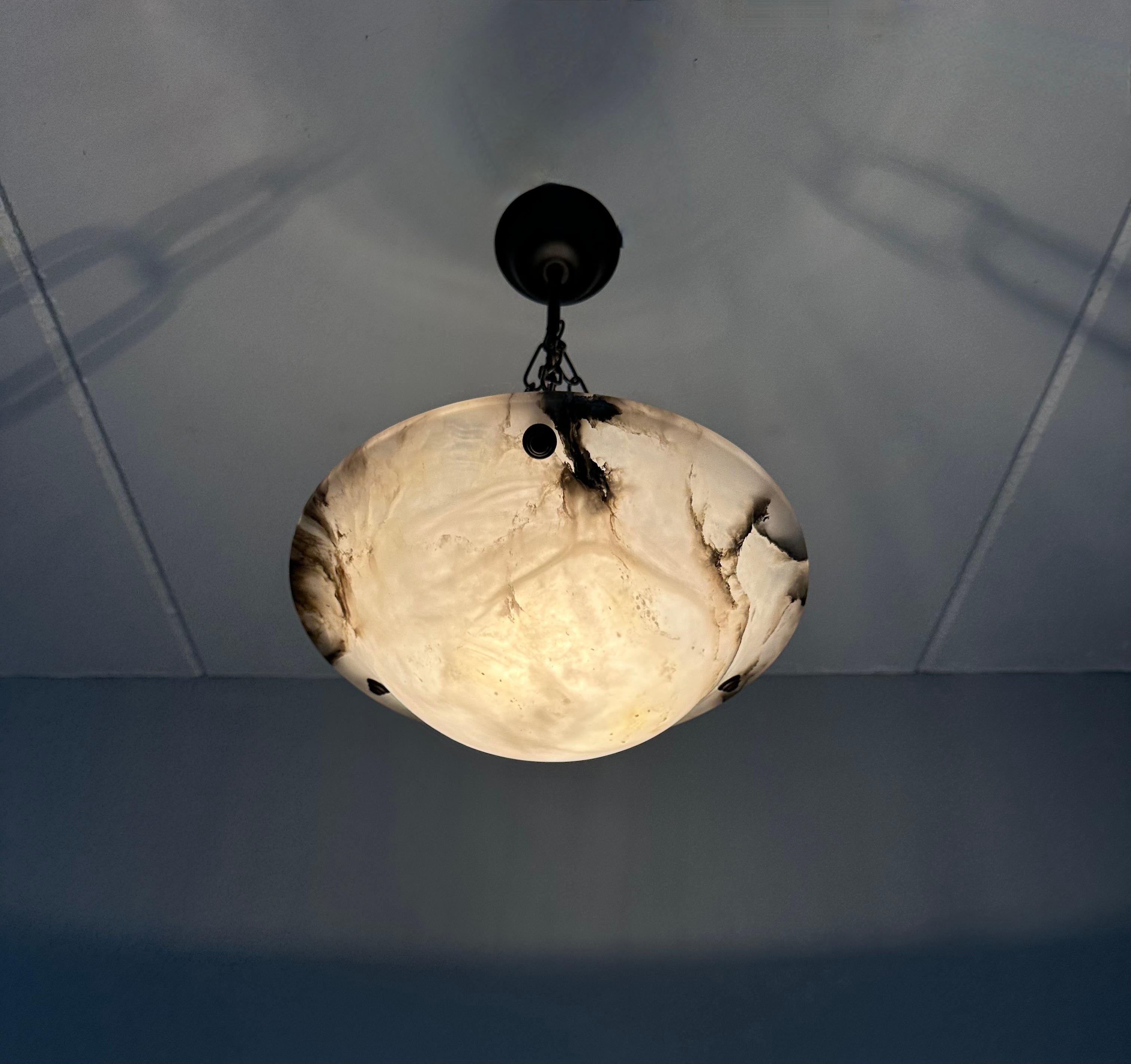 Small Mint & Timeless Art Deco White Alabaster Pendant Chandelier & Brass Canopy For Sale 12