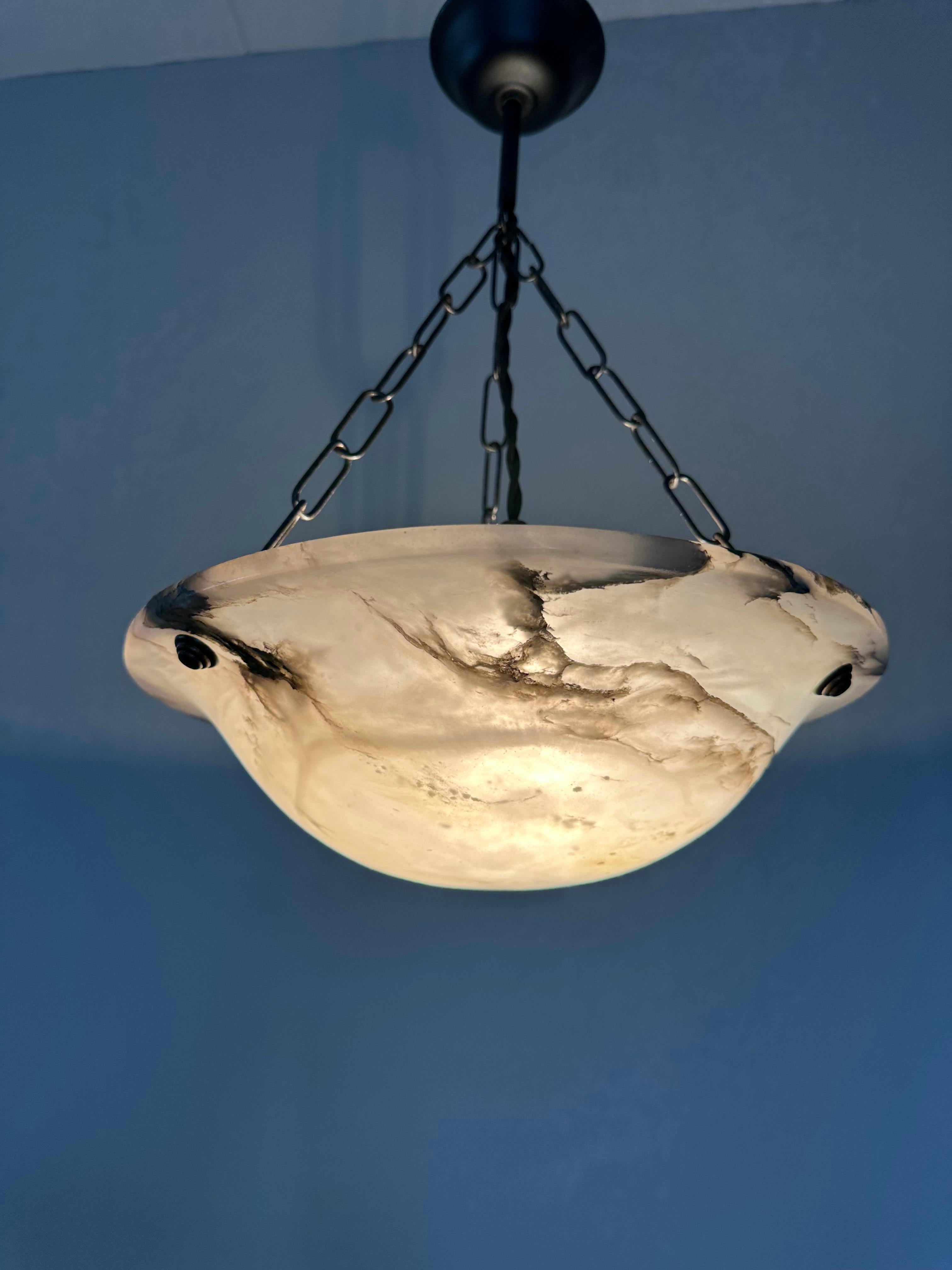 Small Mint & Timeless Art Deco White Alabaster Pendant Chandelier & Brass Canopy For Sale 13