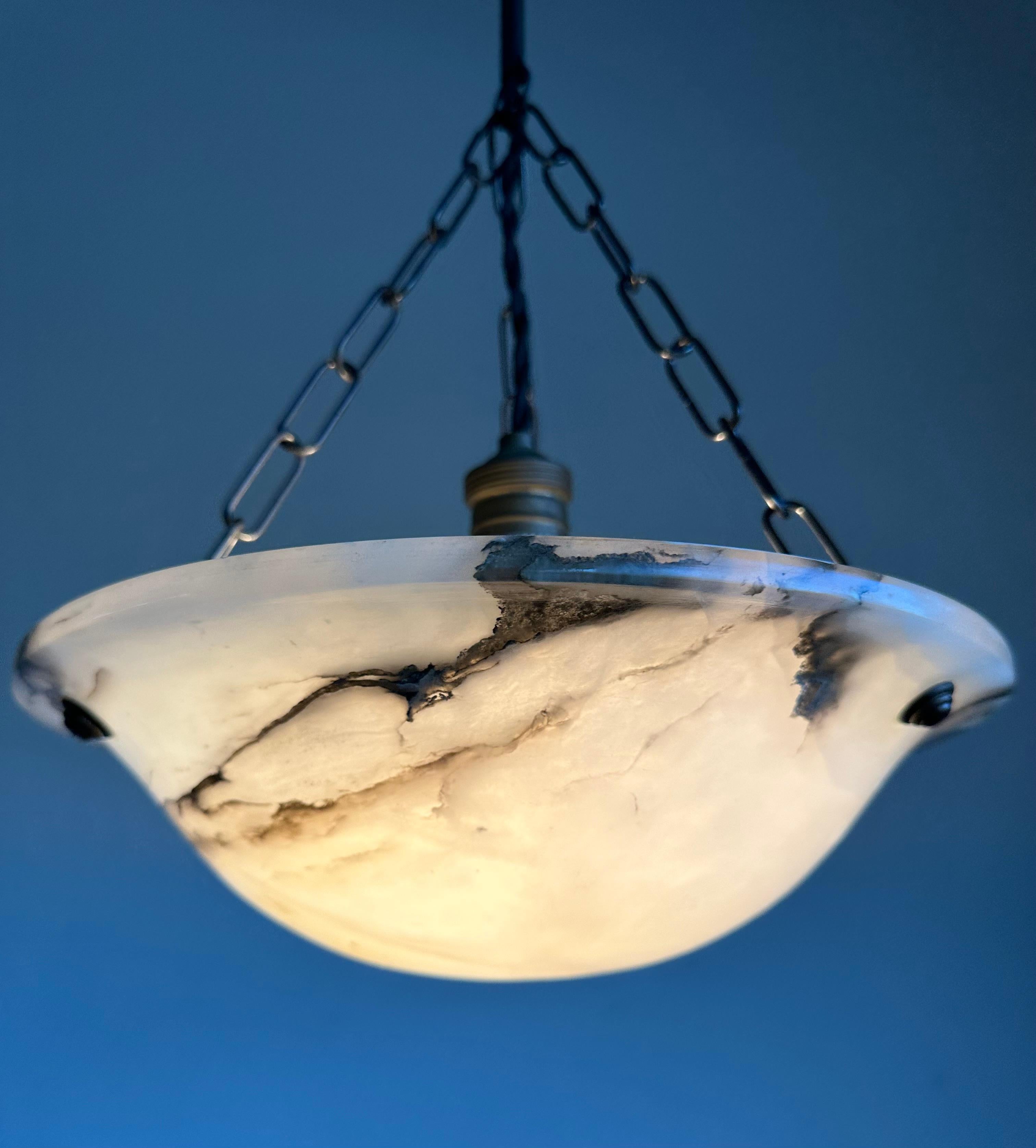 Small Mint & Timeless Art Deco White Alabaster Pendant Chandelier & Brass Canopy For Sale 14