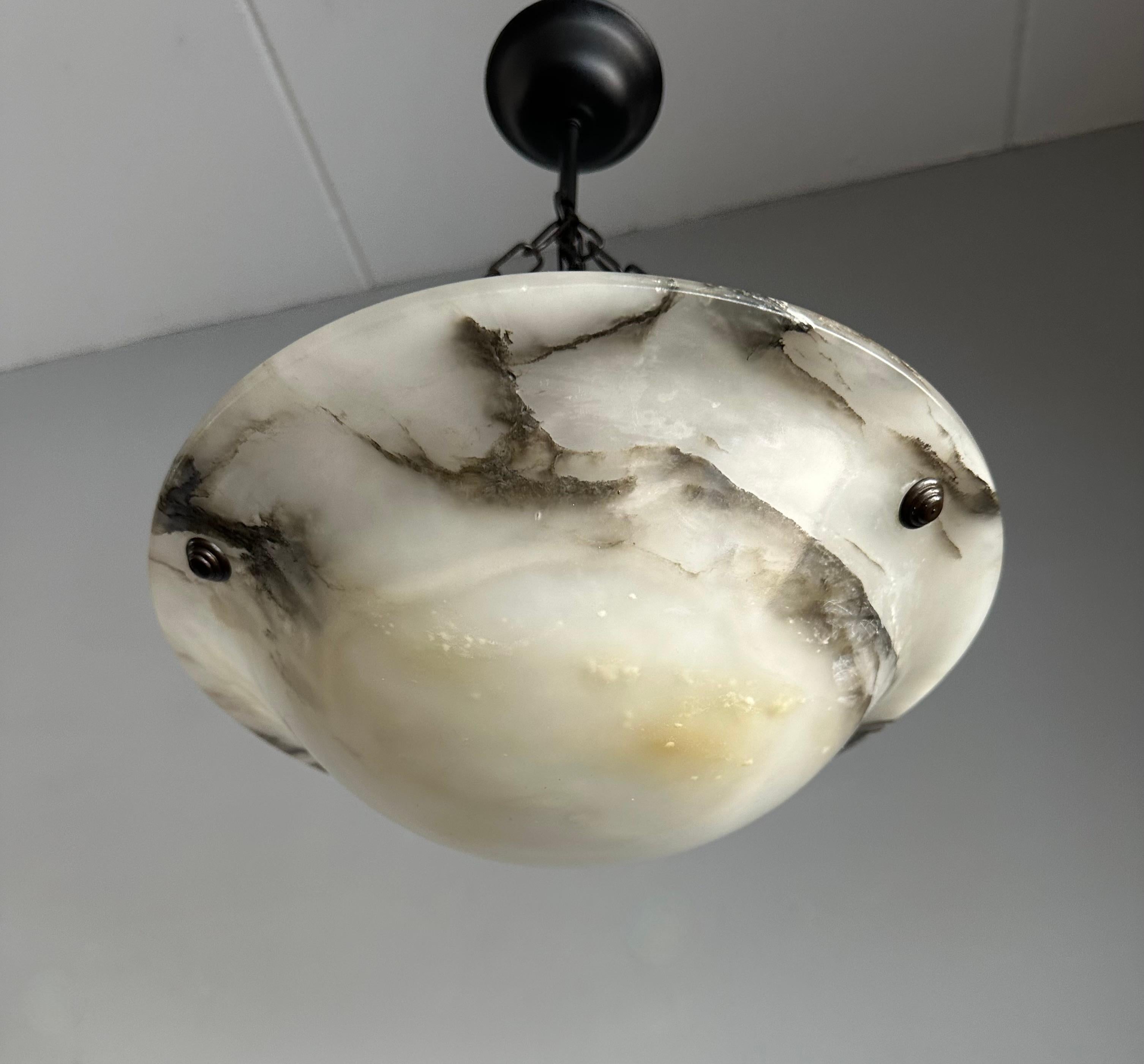 European Small Mint & Timeless Art Deco White Alabaster Pendant Chandelier & Brass Canopy For Sale