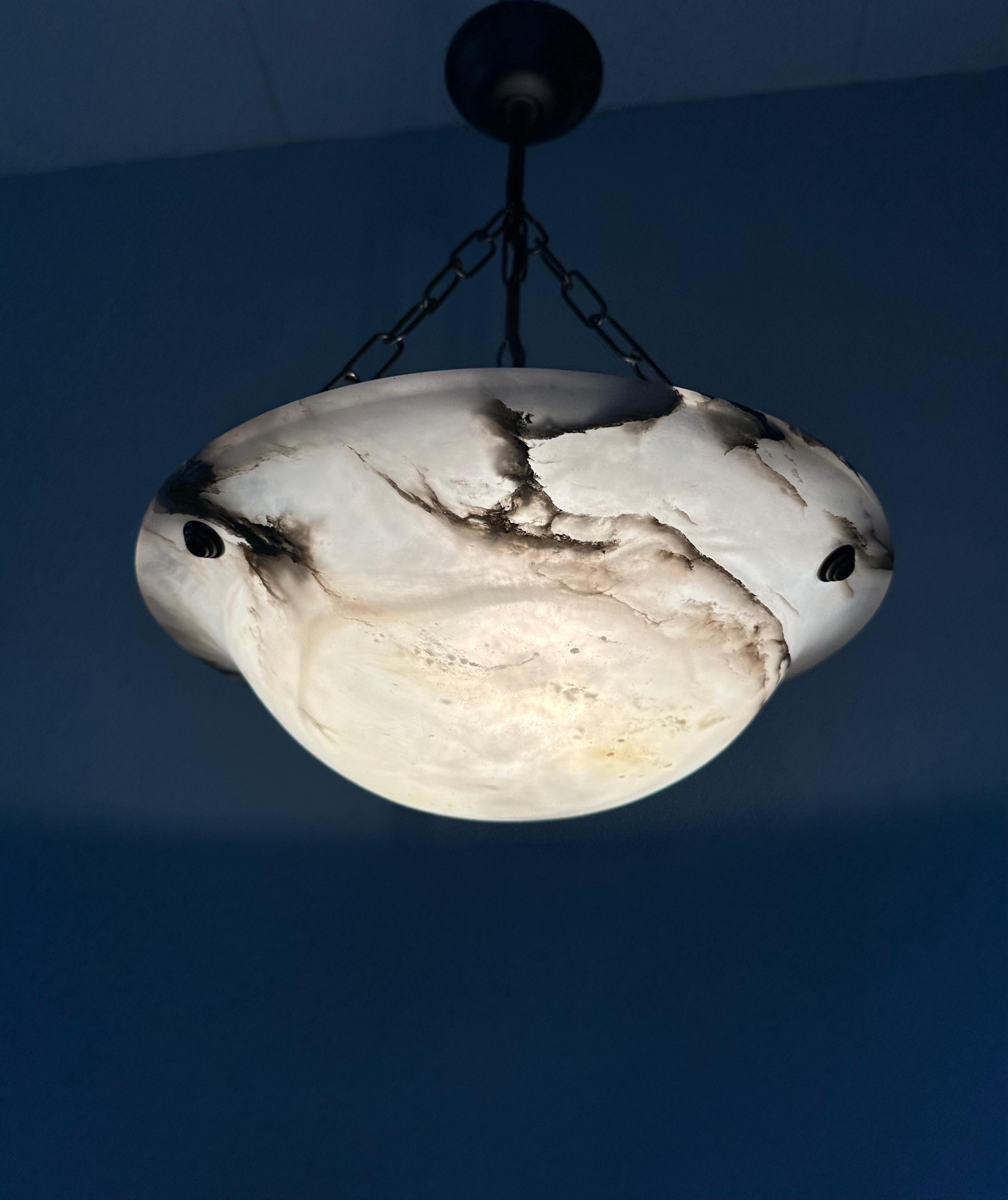 Blackened Small Mint & Timeless Art Deco White Alabaster Pendant Chandelier & Brass Canopy For Sale