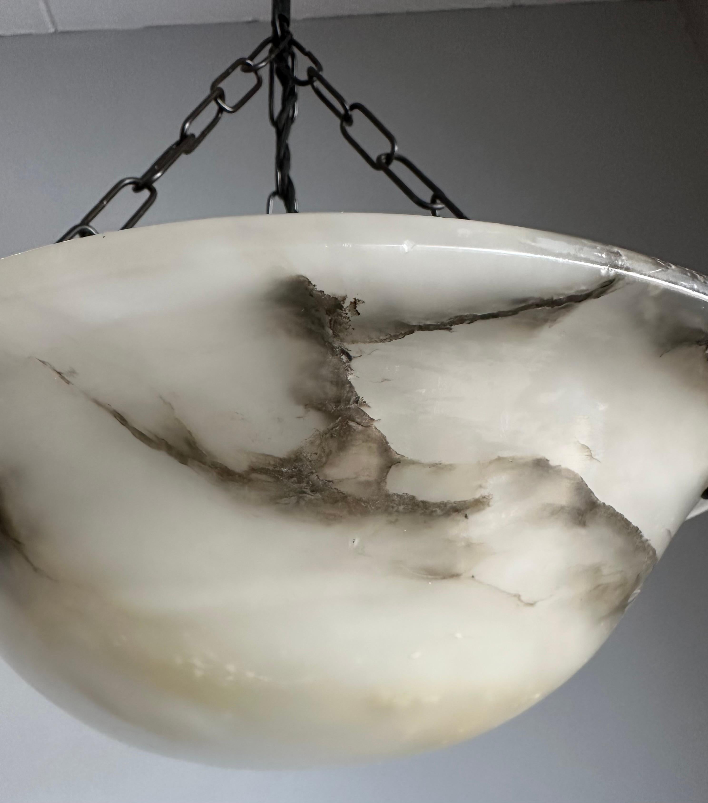 Small Mint & Timeless Art Deco White Alabaster Pendant Chandelier & Brass Canopy For Sale 1