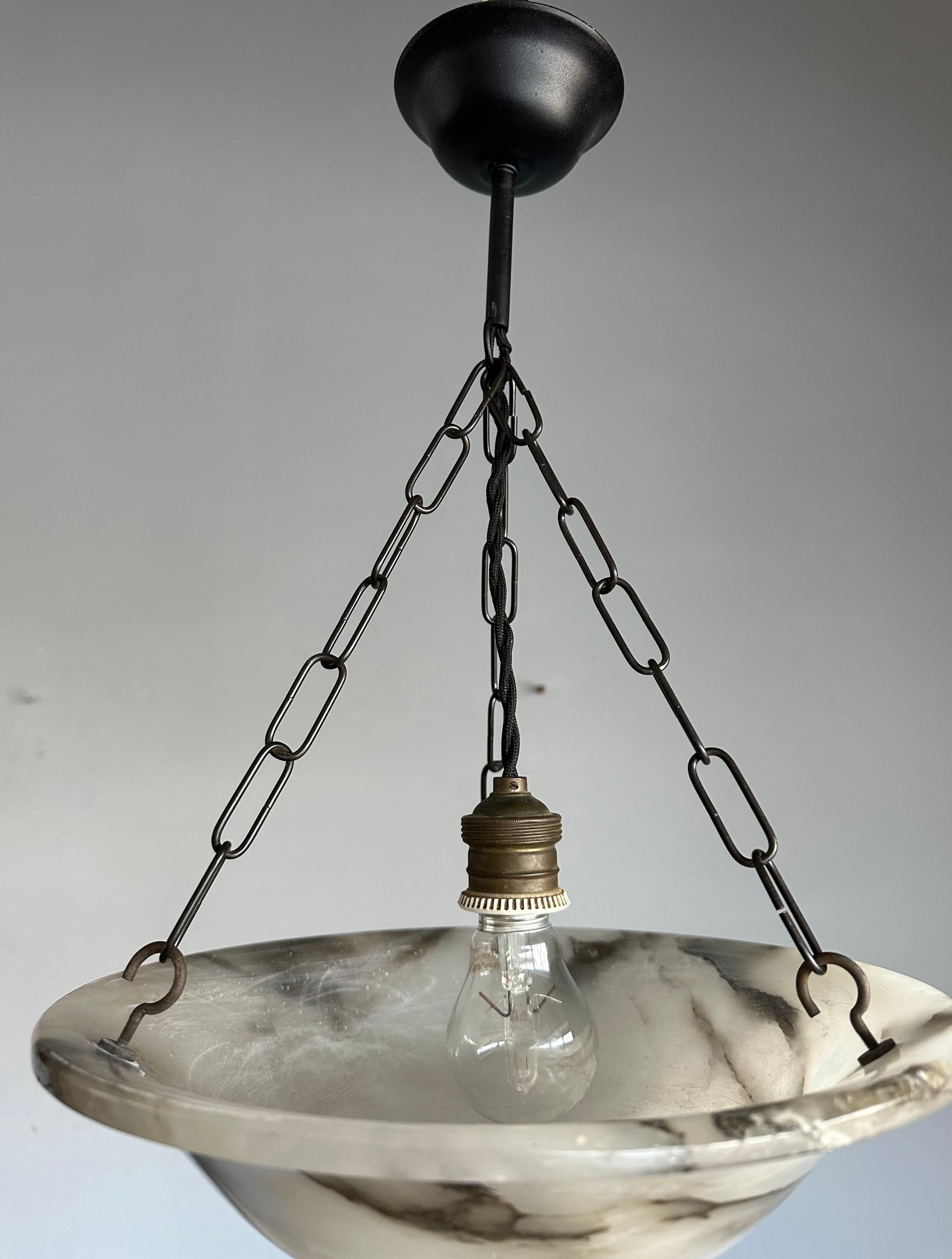 Small Mint & Timeless Art Deco White Alabaster Pendant Chandelier & Brass Canopy For Sale 2