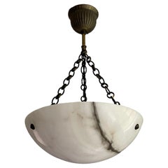 Small Mint & Timeless Art Deco White Alabaster Pendant Chandelier & Brass Canopy