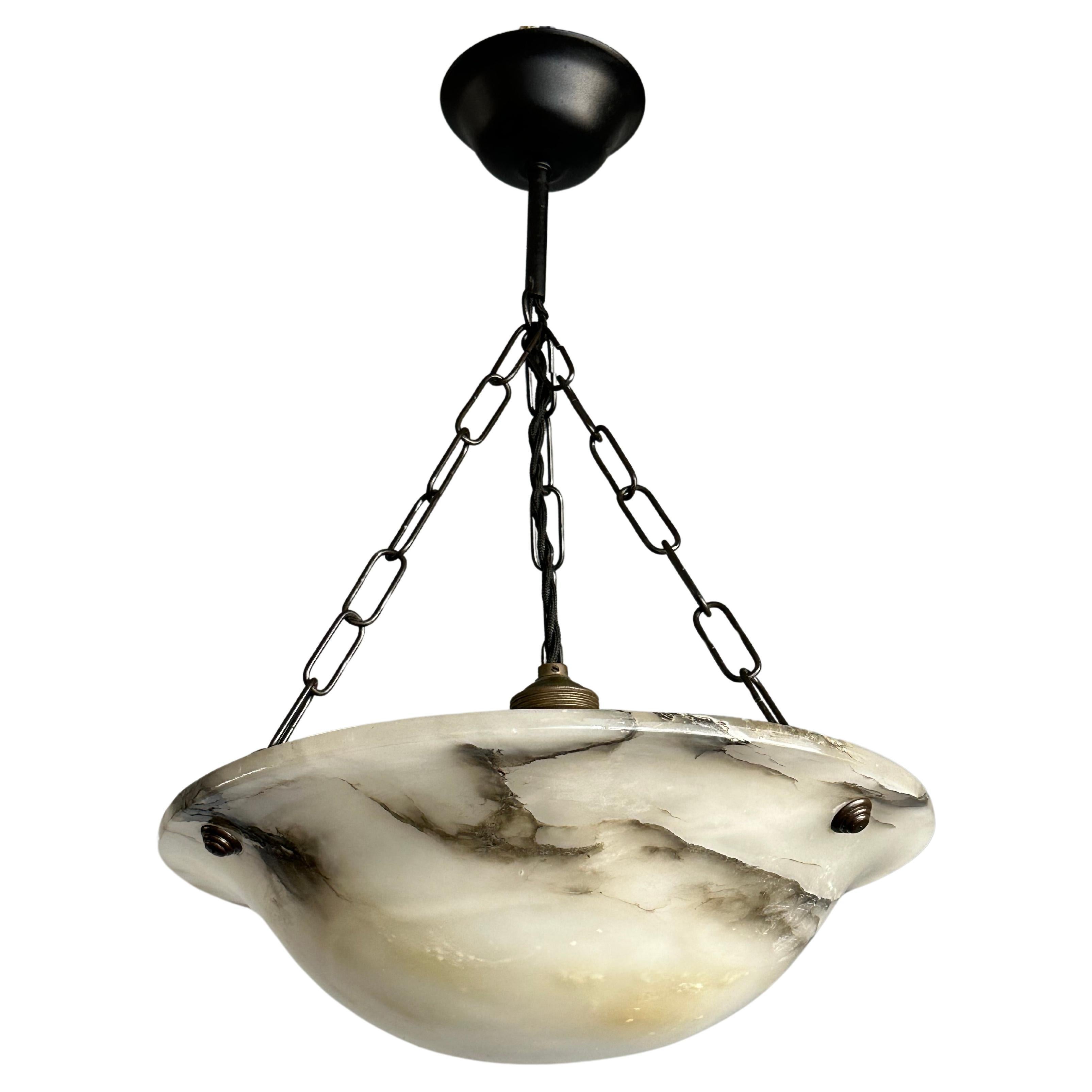 Small Mint & Timeless Art Deco White Alabaster Pendant Chandelier & Brass Canopy