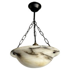 Small Mint & Timeless Art Deco White Alabaster Pendant Chandelier & Brass Canopy