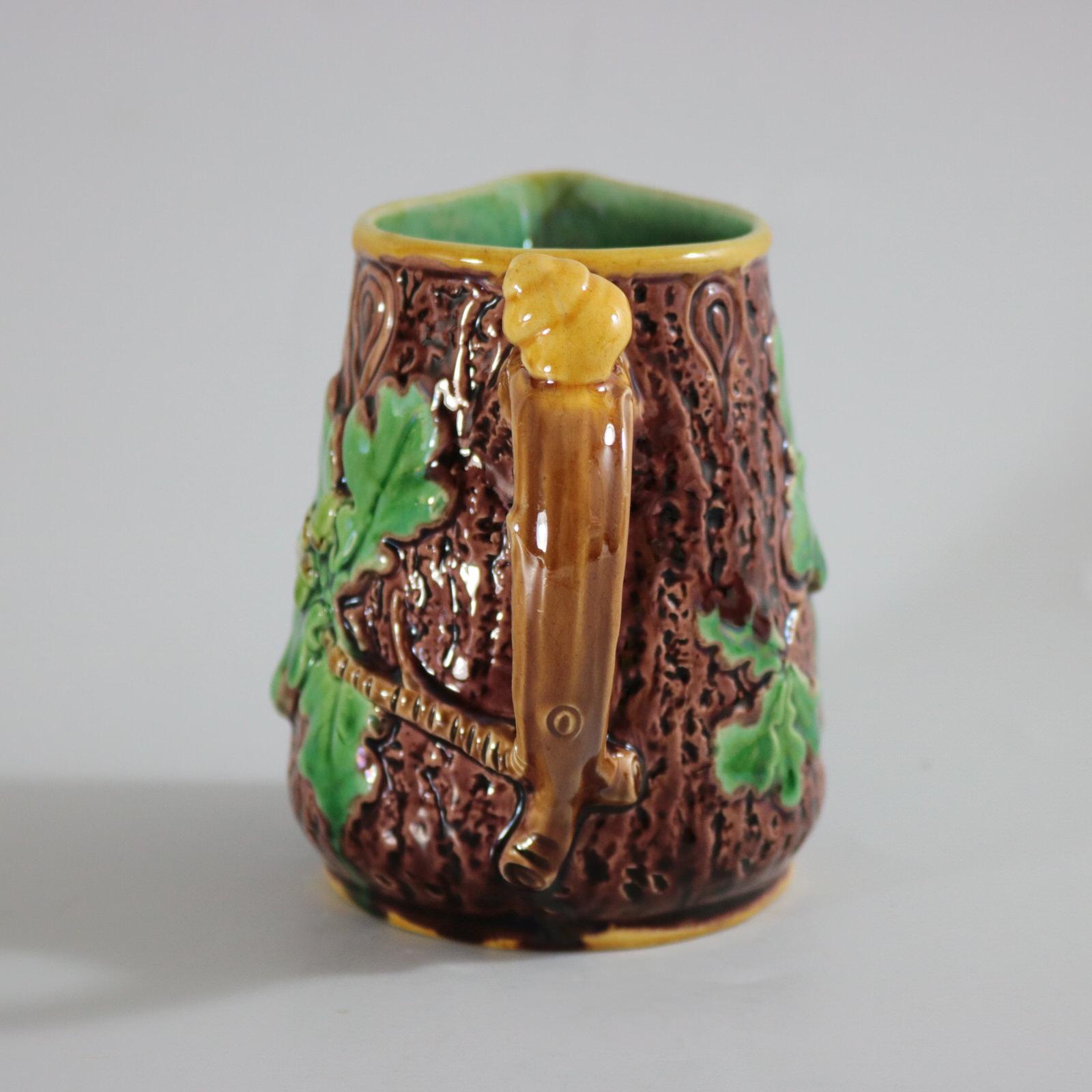 Small Minton Majolica Oak Jug/Pitcher with Snail Handle In Good Condition In Chelmsford, Essex