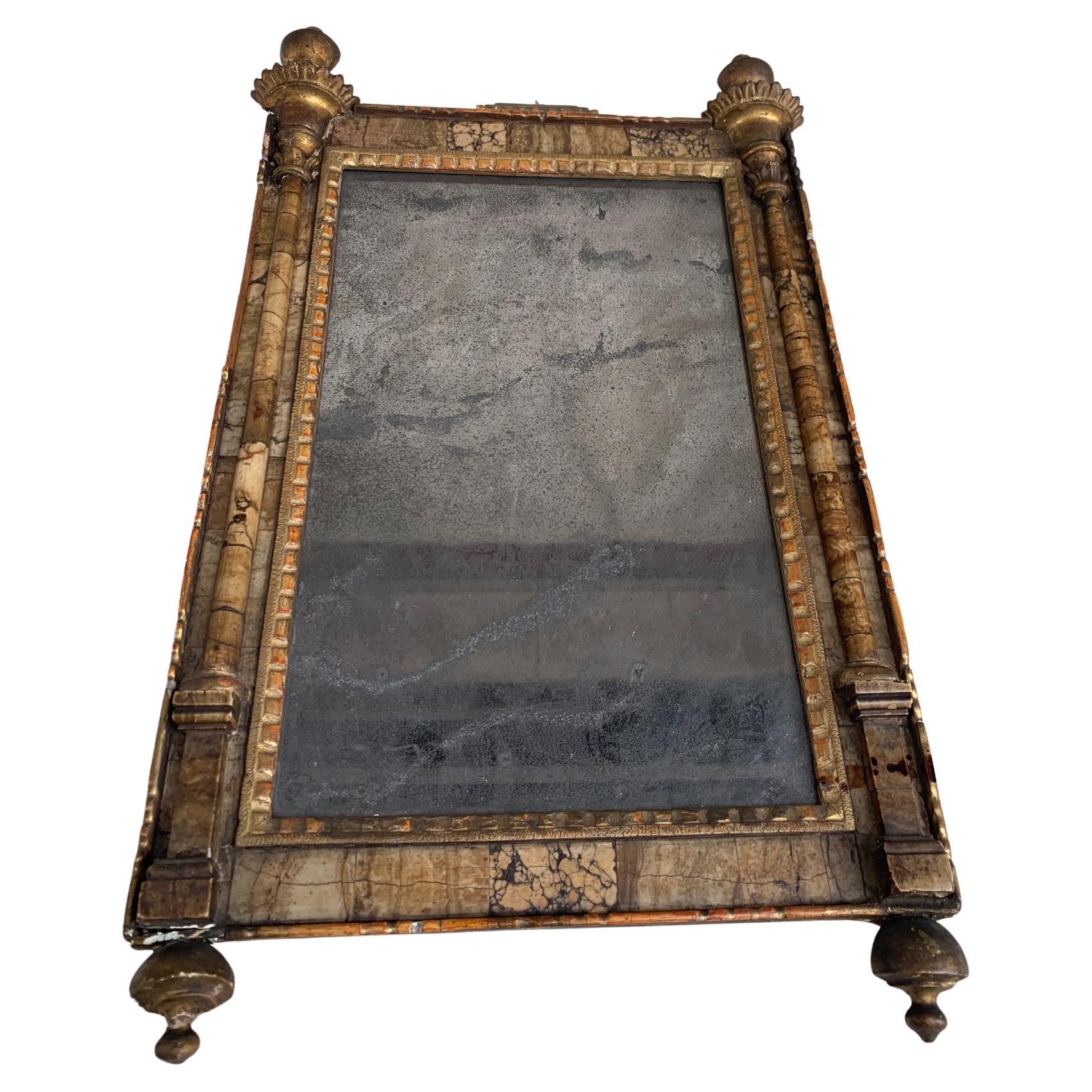 Small Mirror, Carved, Gilded and Marbled Wood, 19th Century Italy For Sale