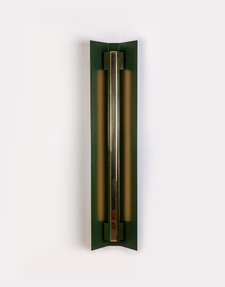 Small Misalliance Ex bottle green wall light by Lexavala
Dimensions: D 16 x W 70 x H 8 cm
Materials: powder coated shade with details made of brass or stainless steel.

There are two lenghts of socket covers, extending over the LED. Two short