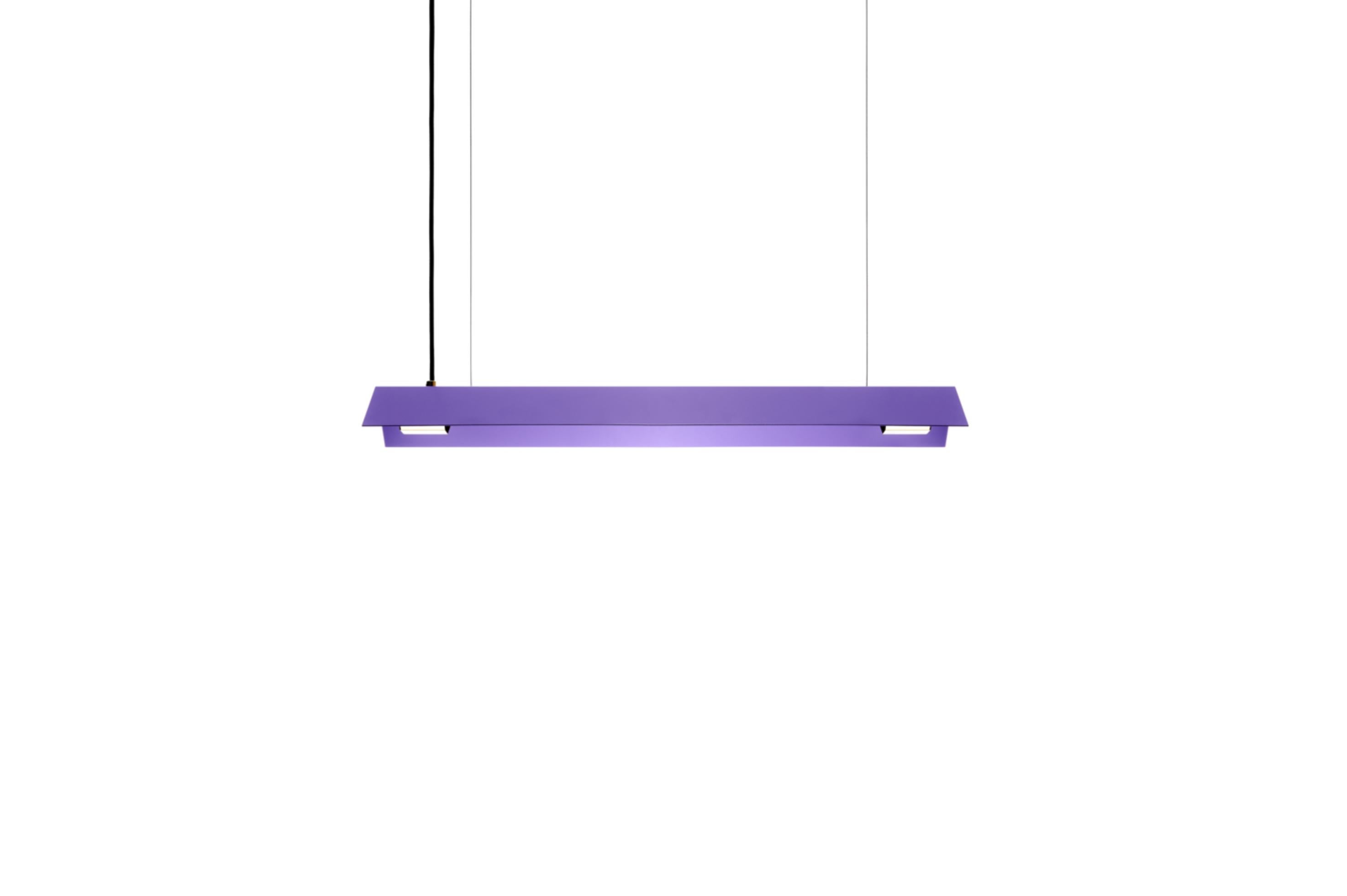 Small Misalliance Ex lavender suspended light by Lexavala
Dimensions: D 16 x W 70 x H 8 cm
Materials: powder coated shade with details made of brass or stainless steel.

There are two lenghts of socket covers, extending over the LED. Two short