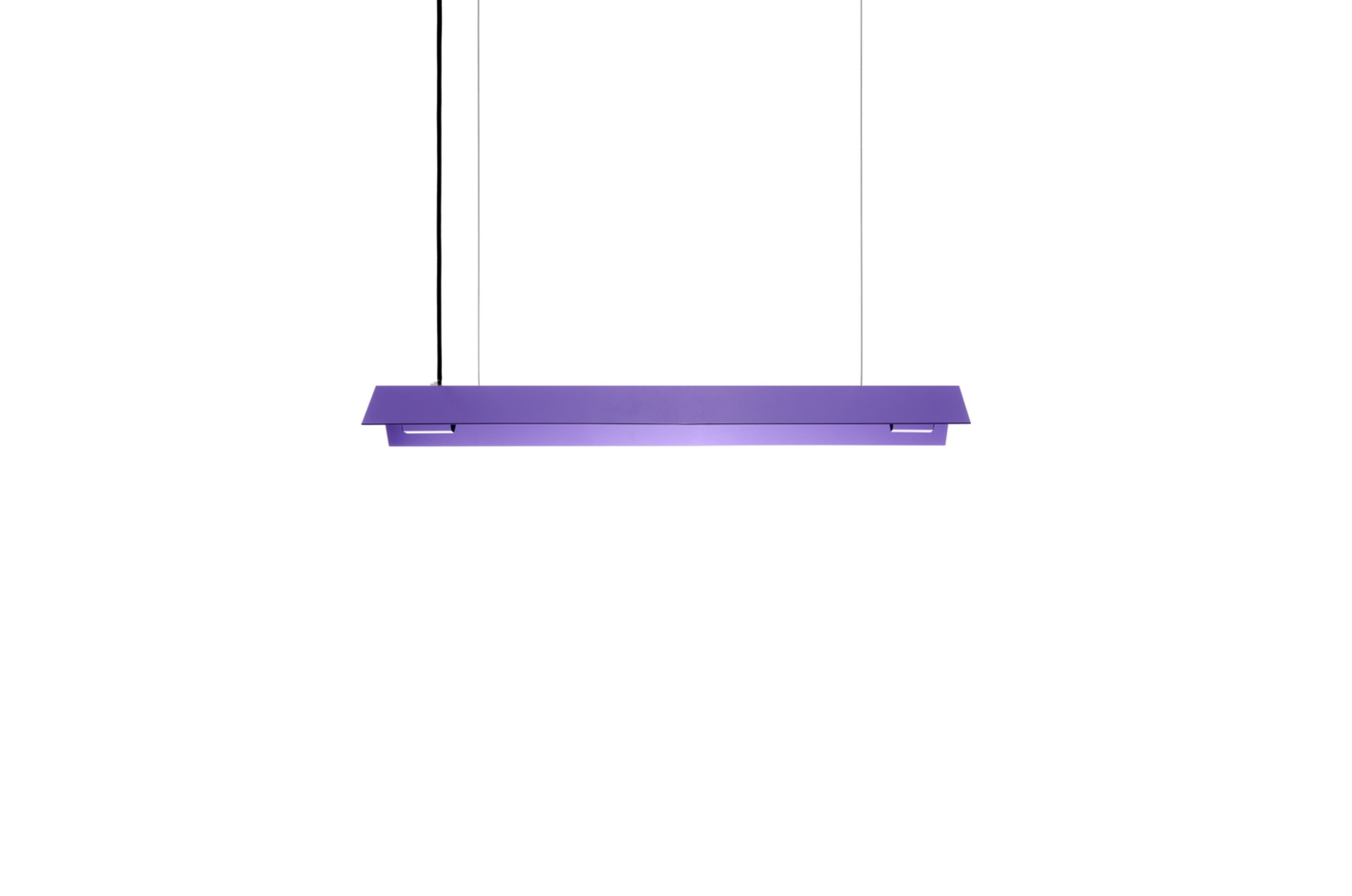 Small Misalliance ral lavender suspended Light by Lexavala
Dimensions: D 16 x W 70 x H 8 cm
Materials: powder coated aluminium.

There are two lenghts of socket covers, extending over the LED. Two short are to be found in Suspended and Surface,