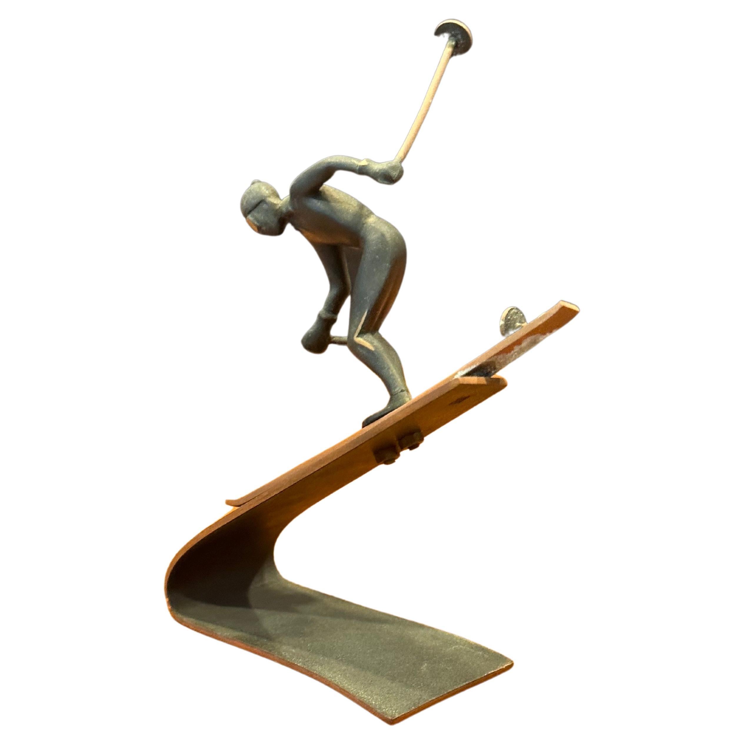 Mid-Century Modern Small Mixed Metals Downhill Skier Sculpture  For Sale