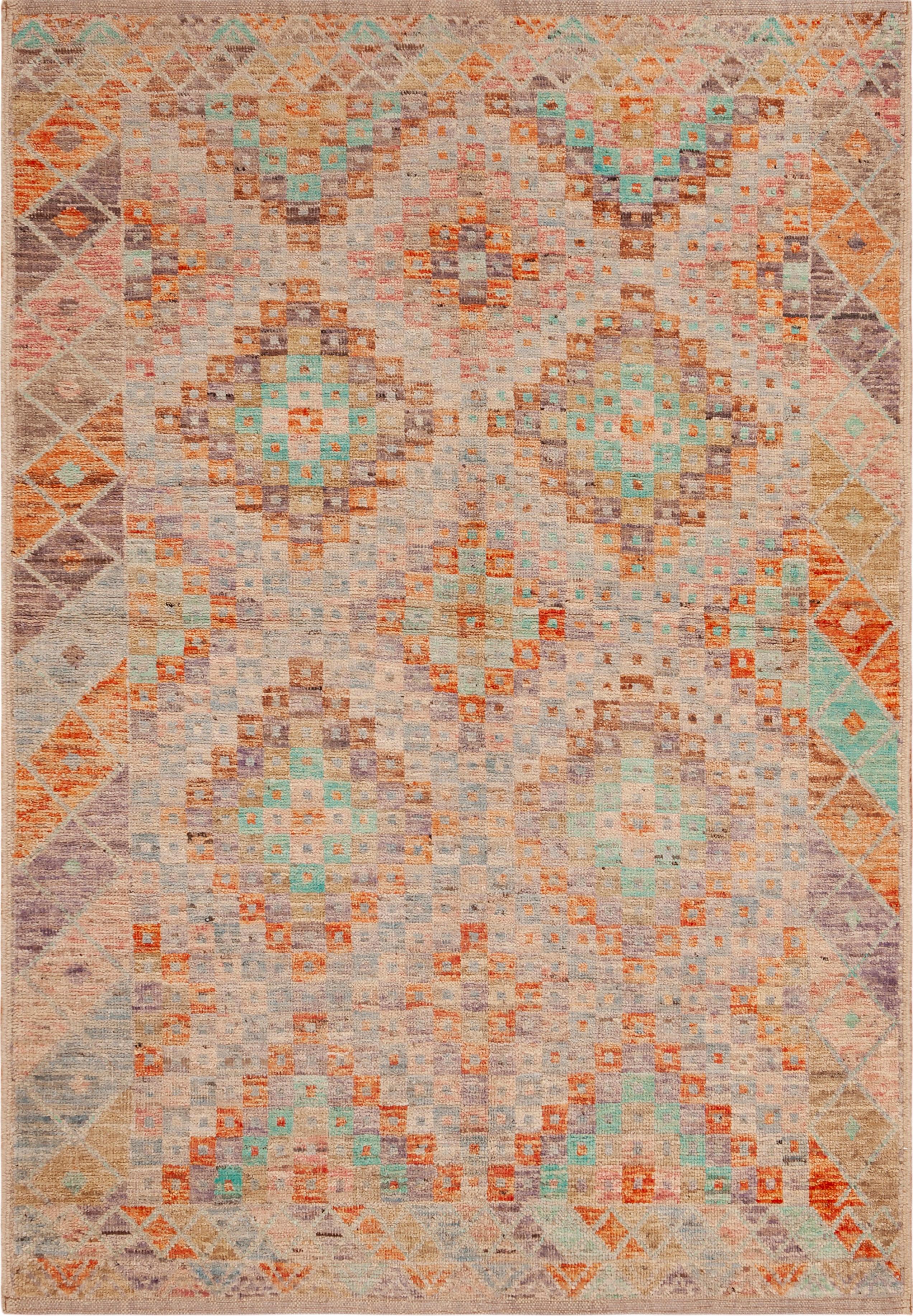 Stunning Small Geometric Woolen Handmade Rug, Country of Origin: Central Asia, Circa date: Modern