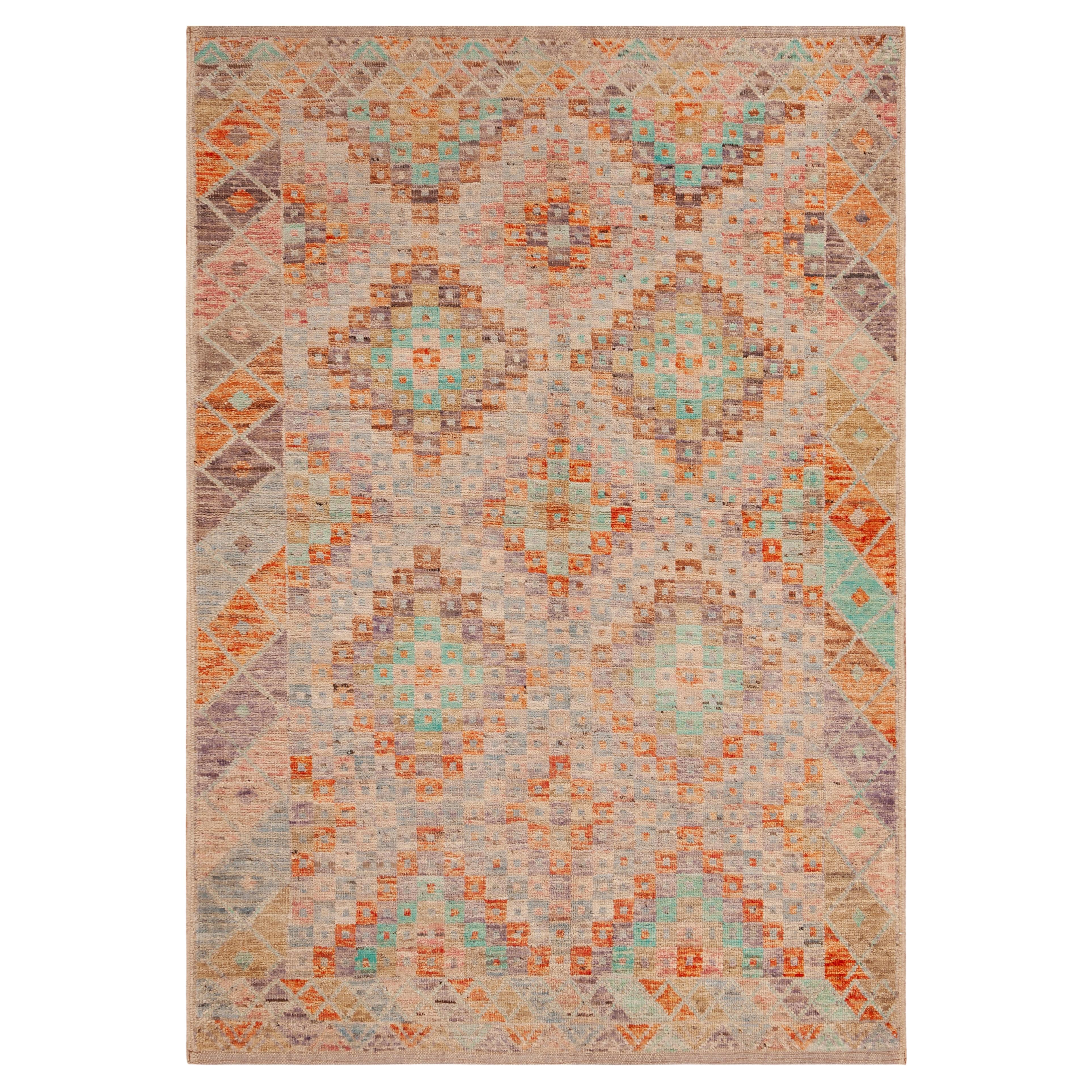 Nazmiyal Antique Small Modern Geometric Pastel Colorful Tones Rug 4'03" x 6'02" For Sale