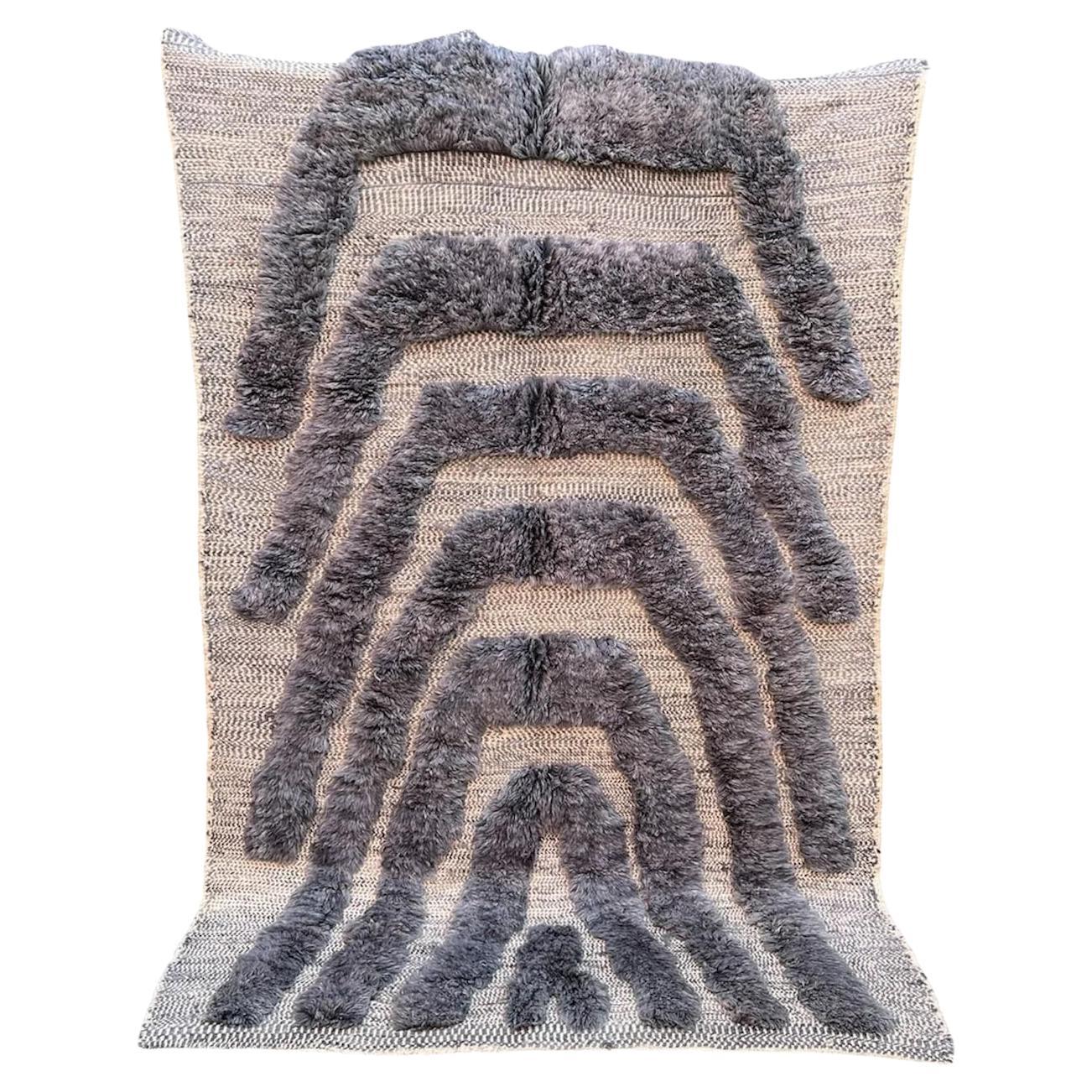 Pequeña Alfombra Moderna Marroquí Beni M'Rirt de Lana Gris Azul Texturada en Tejido Plano en venta