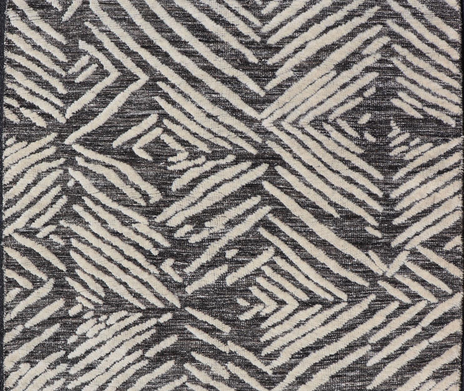 Hand-Knotted Small Modern Rug with Contemporary Stripes Pattern on Dark Background For Sale