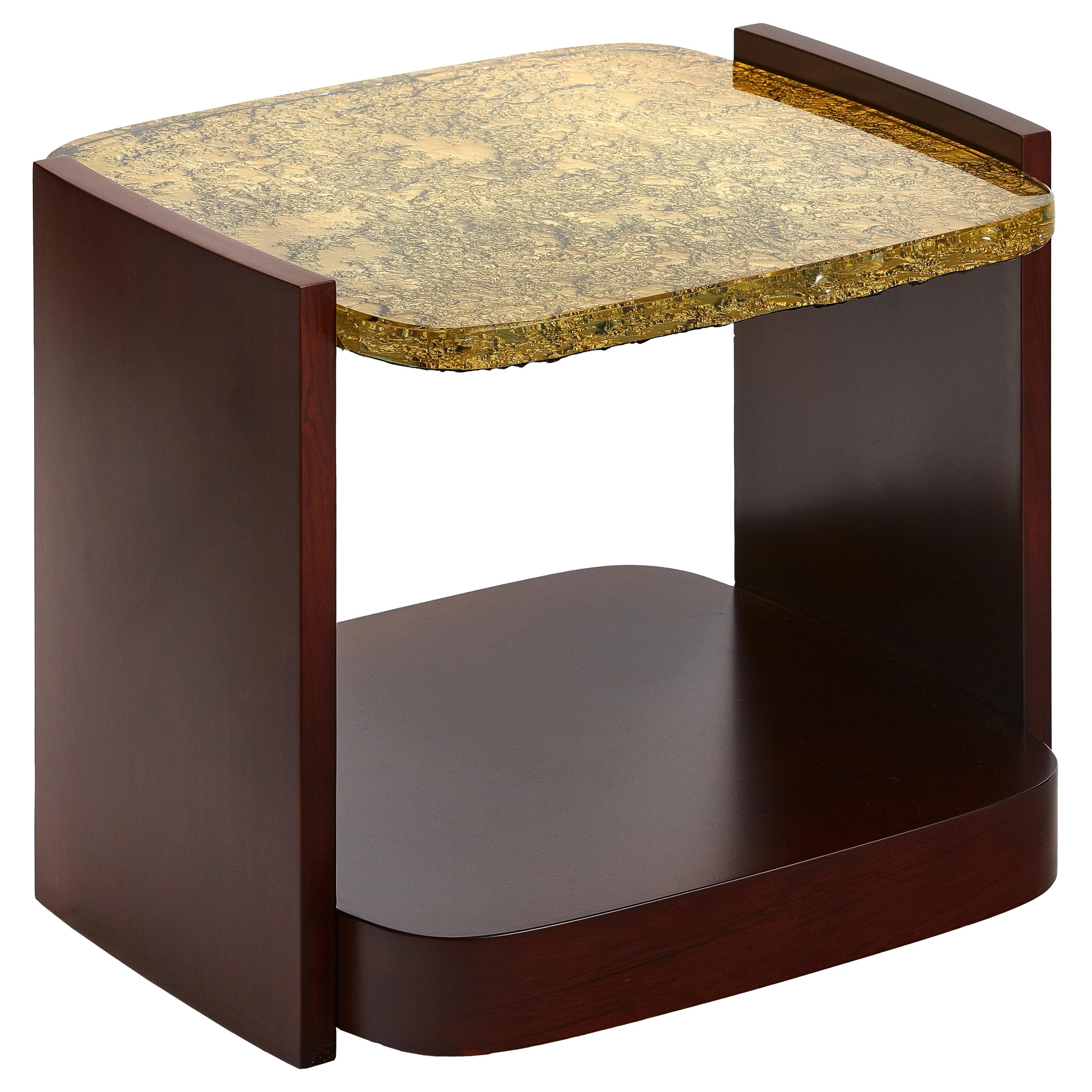 Small, Modern Side Table with Cast Glass Top and Veneered Sides For Sale
