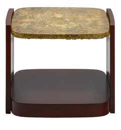 Small, Modern Side Table with Cast Glass Top and Veneered Sides, Customizable