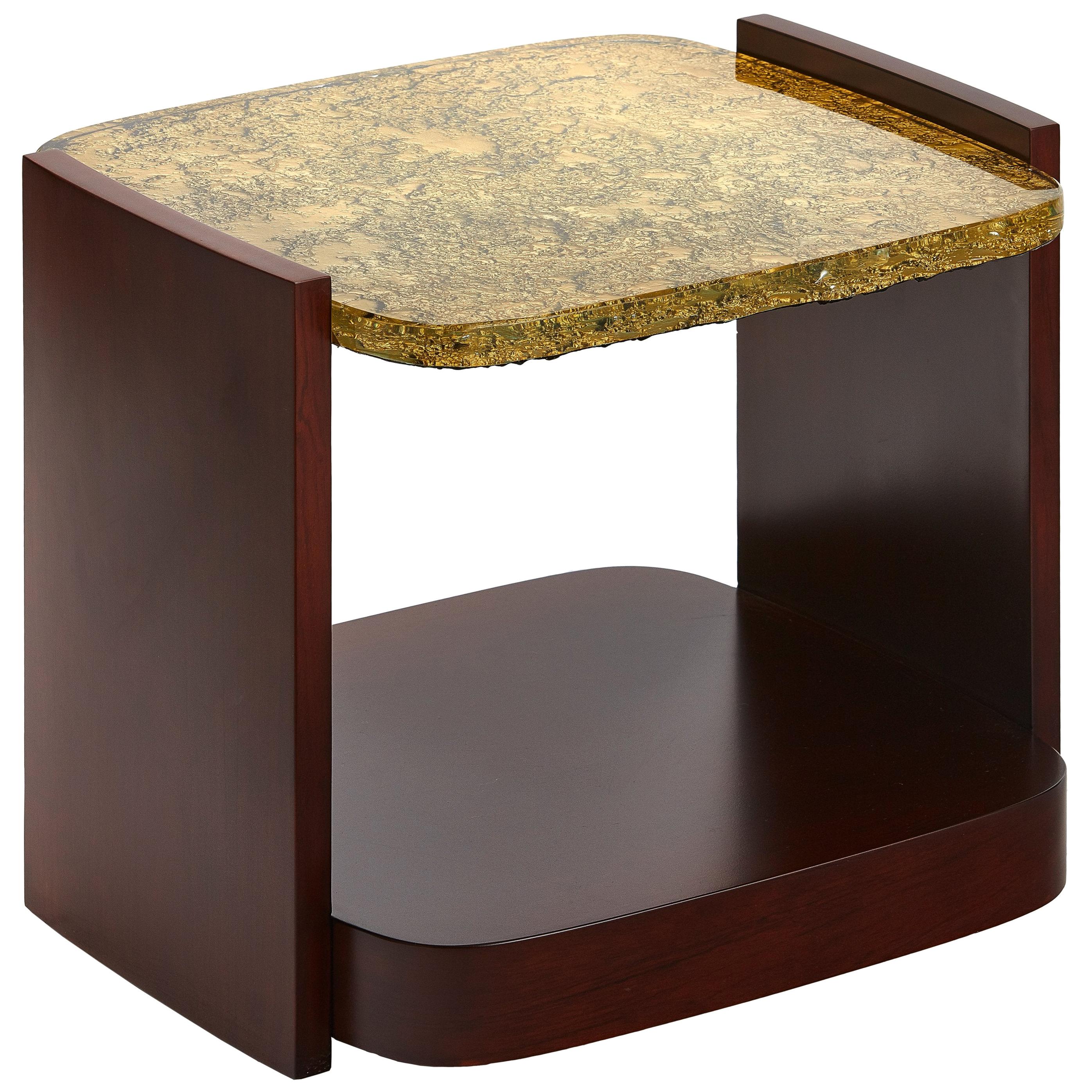 Small, Modern Side Table with Cast Glass Top and Veneered Sides, Customizable For Sale