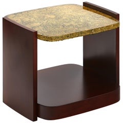 Small, Modern Side Table with Cast Glass Top and Veneered Sides, Customizable