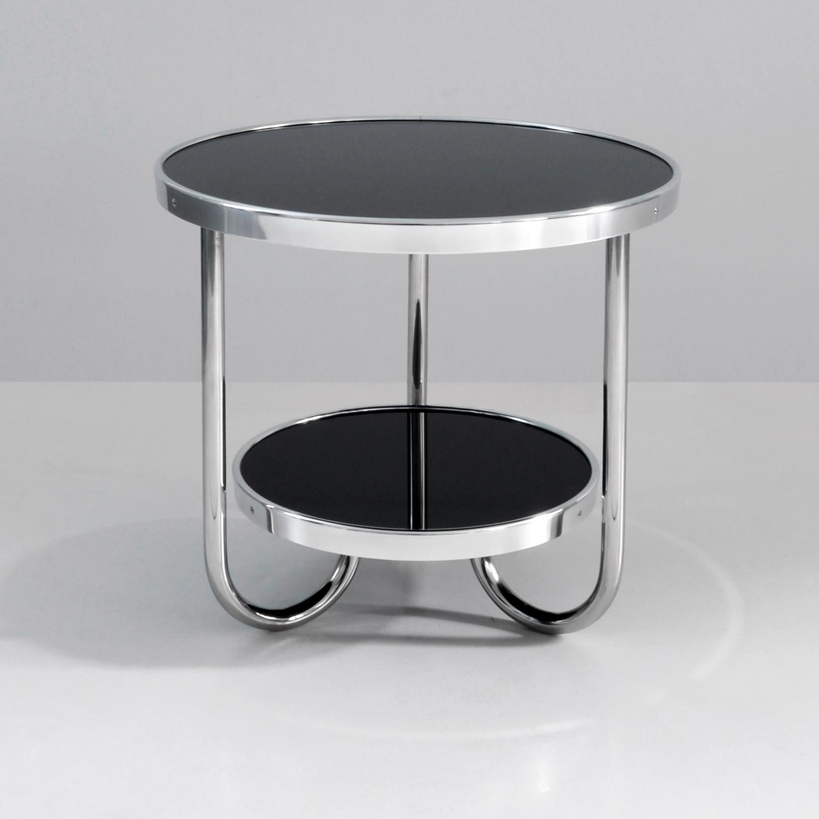 Small modernist round side table made of chromium-plated tubular steel and glass tops with aluminum profiles, customizable.