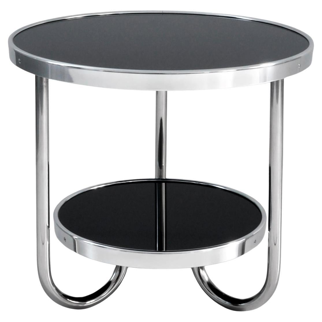 Small Modernist Side Table, Chromium Plated Tubular Steel, Painted Glass Tops For Sale